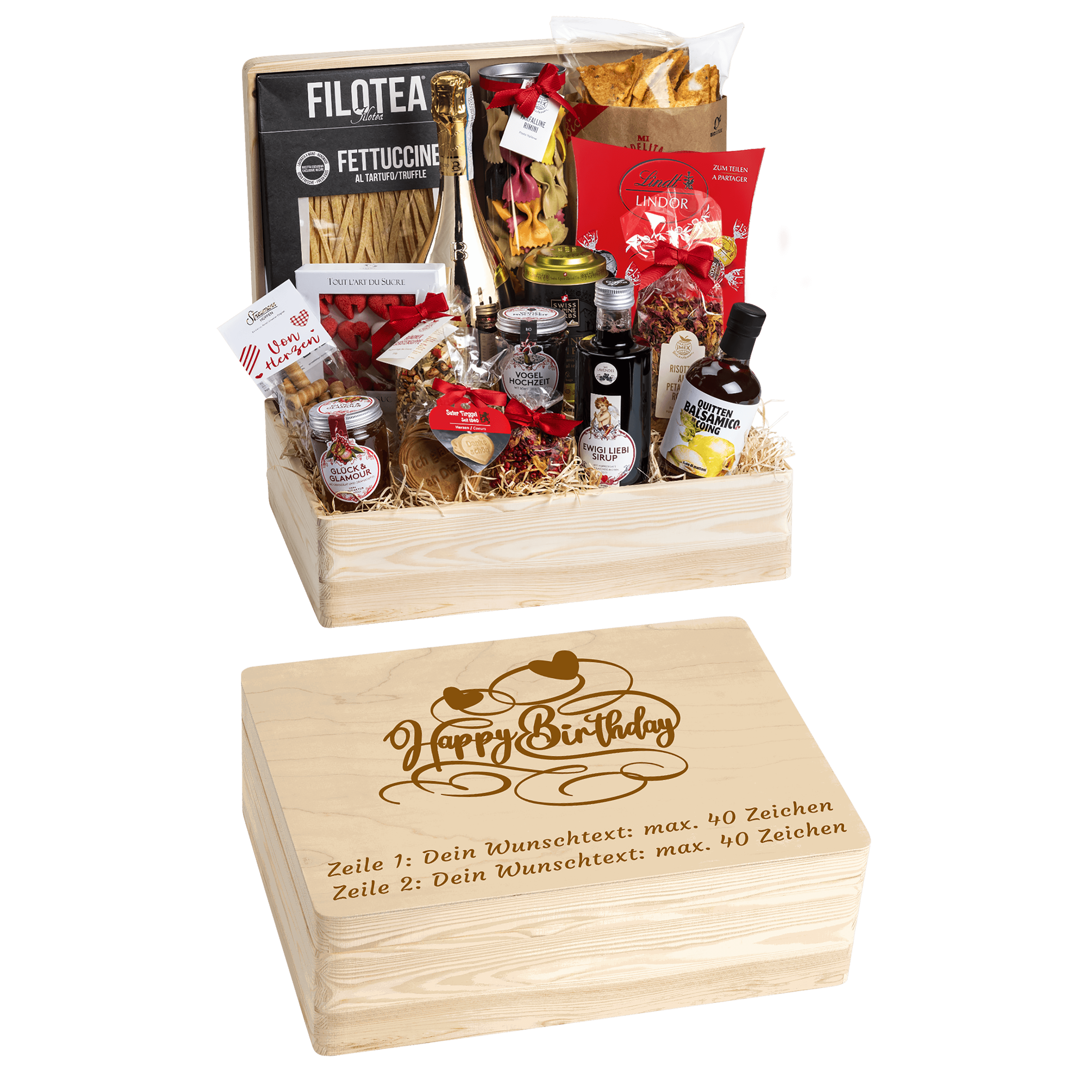 Geschenkkorb Genuss und Liebe - Erinnerungsbox Grande (Preis inkl. Gravur)