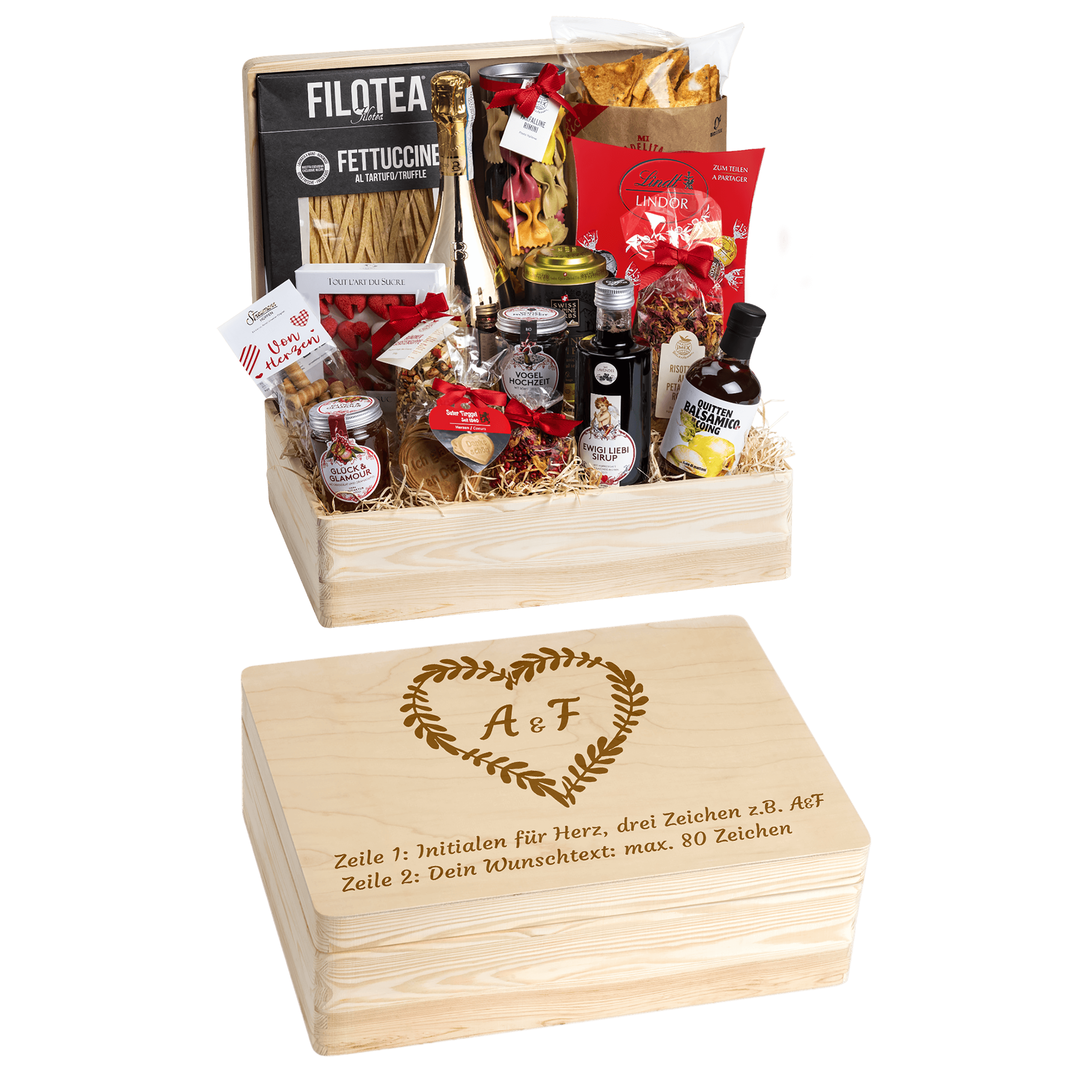 Geschenkkorb Genuss und Liebe - Erinnerungsbox Grande (Preis inkl. Gravur)
