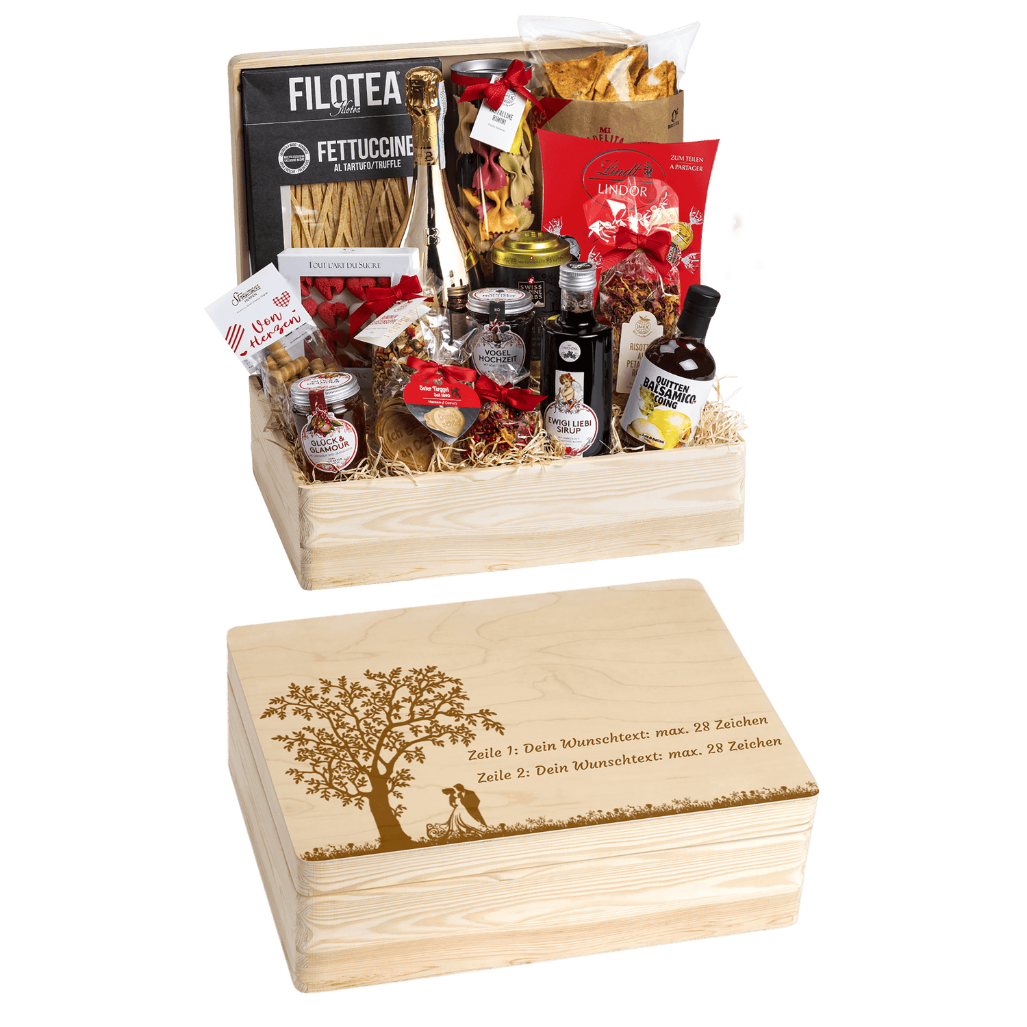 Geschenkkorb Genuss und Liebe - Erinnerungsbox Grande (Preis inkl. Gravur)