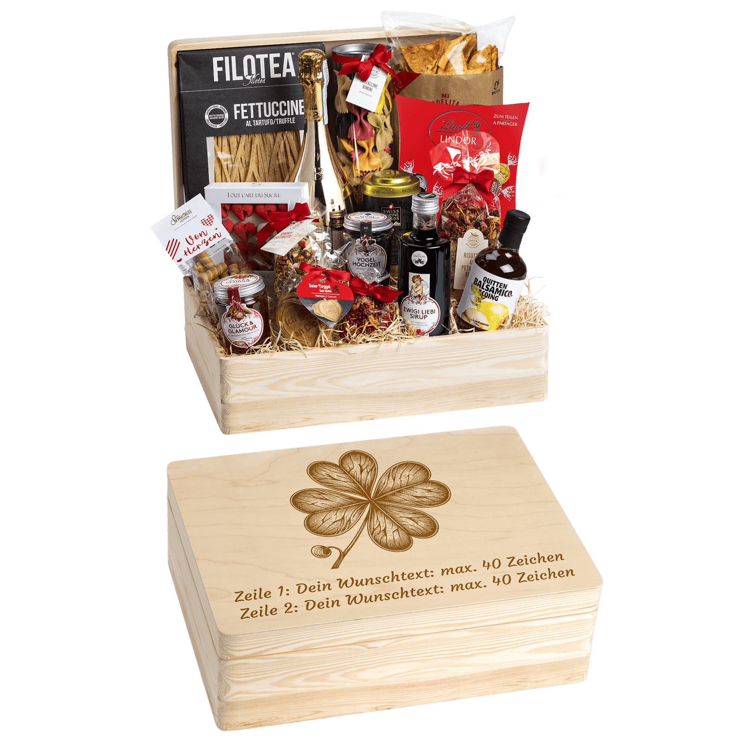 Geschenkkorb Genuss und Liebe - Erinnerungsbox Grande (Preis inkl. Gravur)
