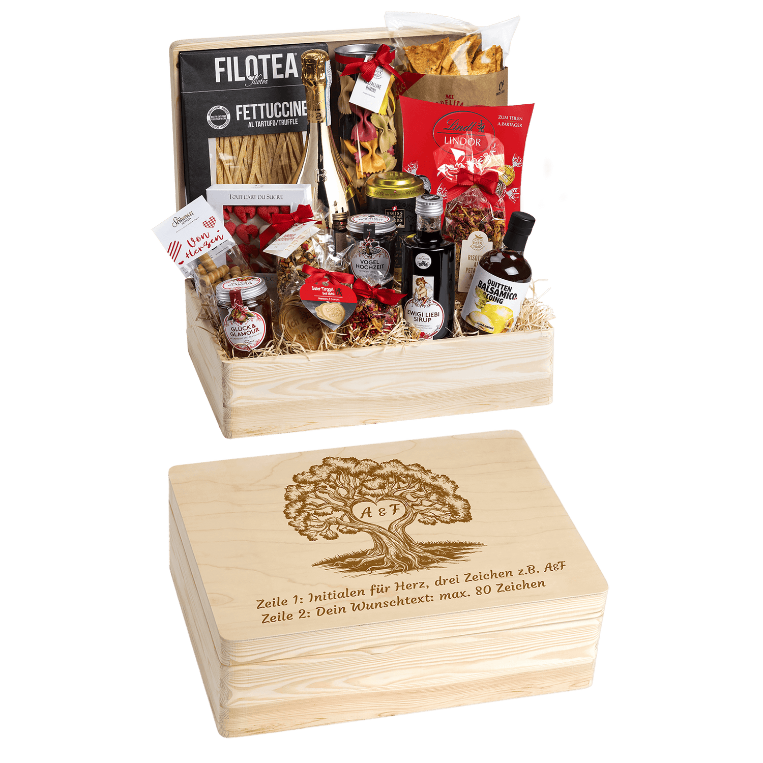 Geschenkkorb Genuss und Liebe - Erinnerungsbox Grande (Preis inkl. Gravur)