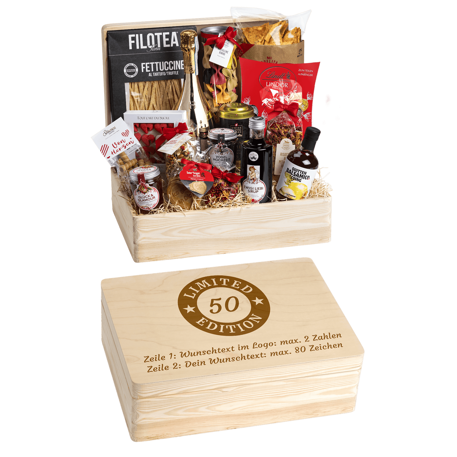 Geschenkkorb Genuss und Liebe - Erinnerungsbox Grande (Preis inkl. Gravur)
