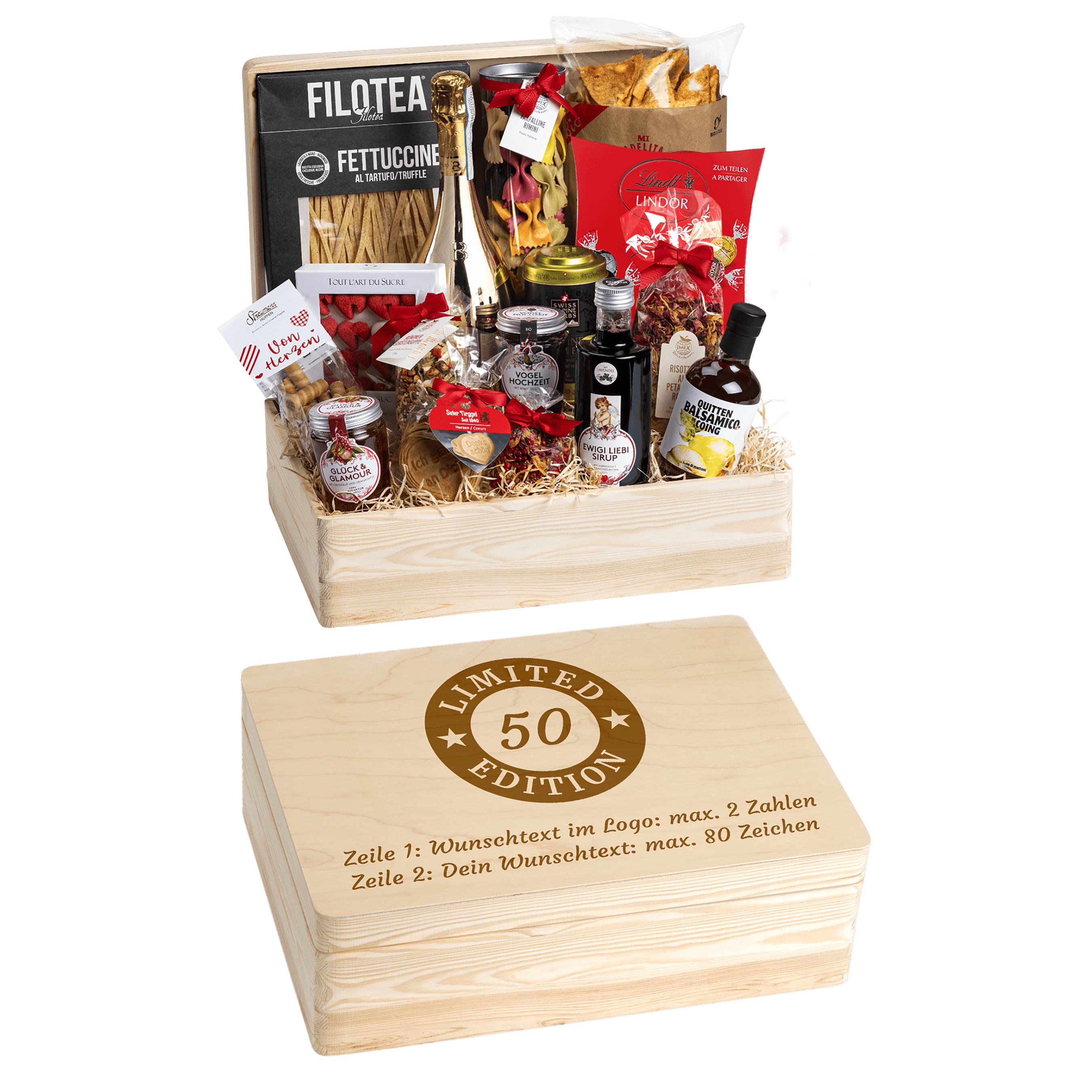 Geschenkkorb Genuss und Liebe - Erinnerungsbox Grande (Preis inkl. Gravur)