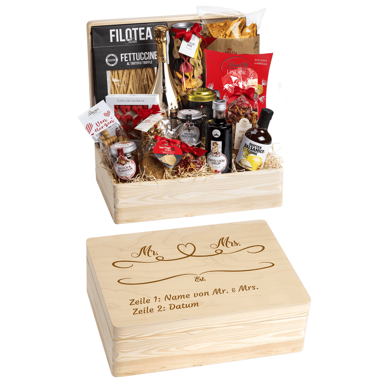 Geschenkkorb Genuss und Liebe - Erinnerungsbox Grande (Preis inkl. Gravur)