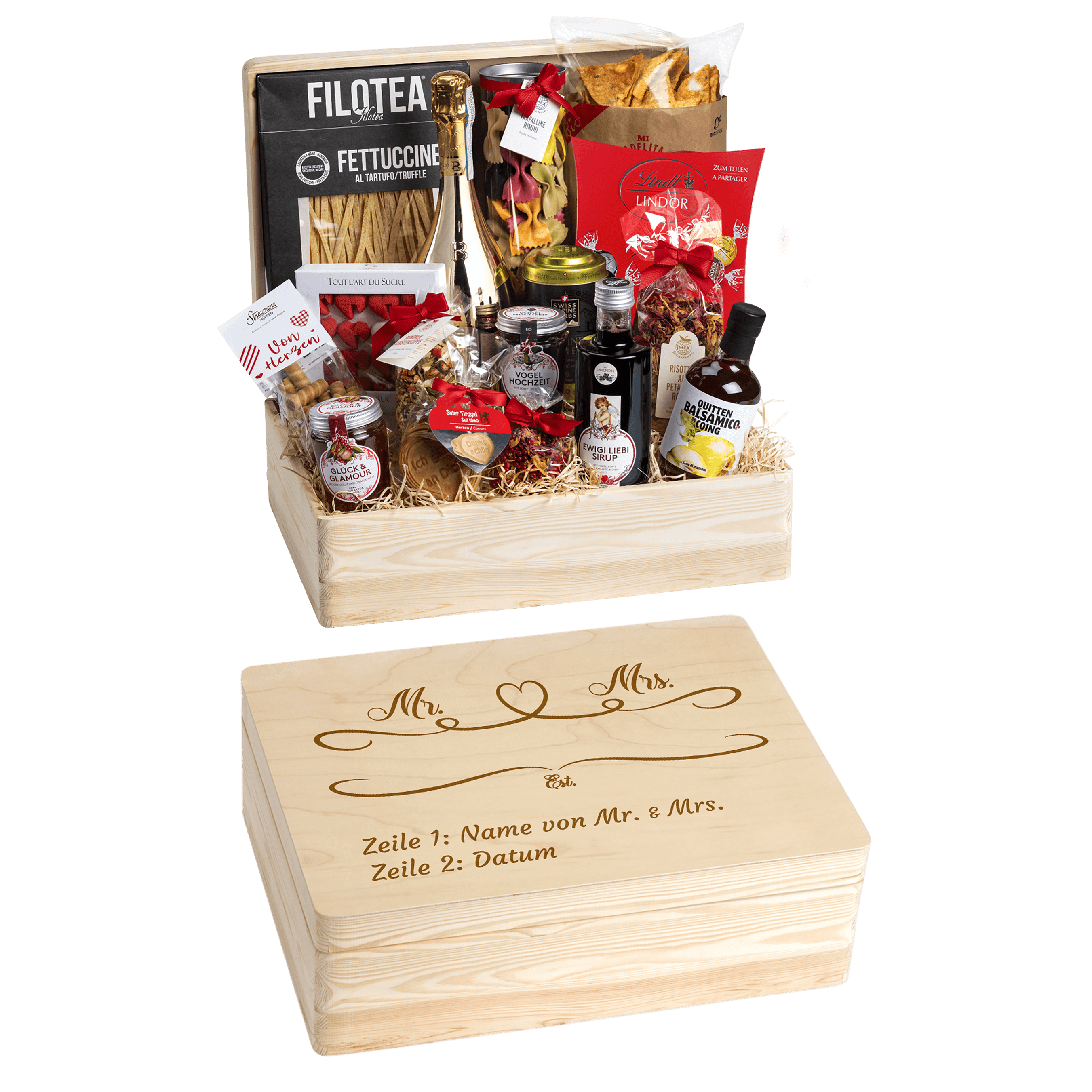 Geschenkkorb Genuss und Liebe - Erinnerungsbox Grande (Preis inkl. Gravur)
