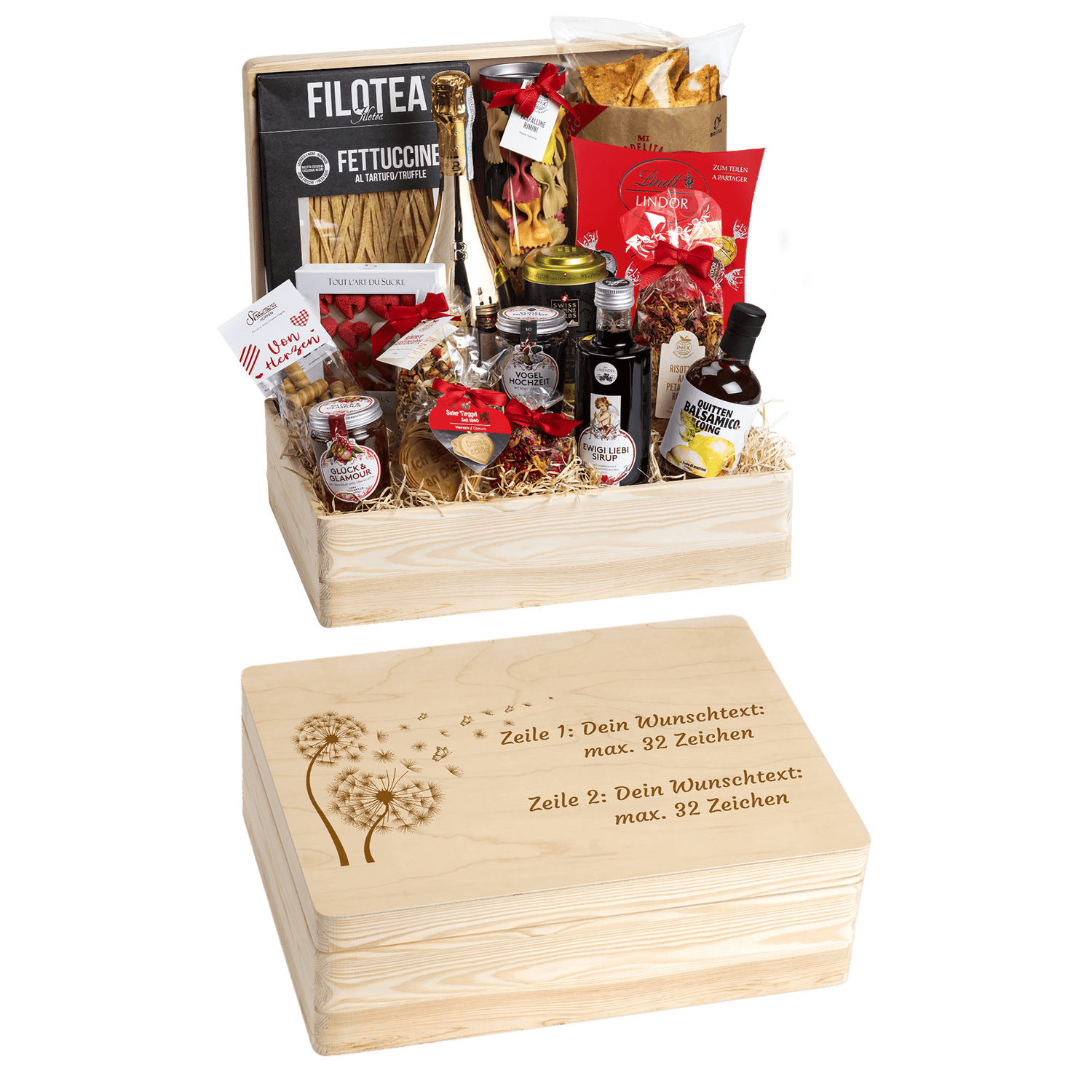 Geschenkkorb Genuss und Liebe - Erinnerungsbox Grande (Preis inkl. Gravur)