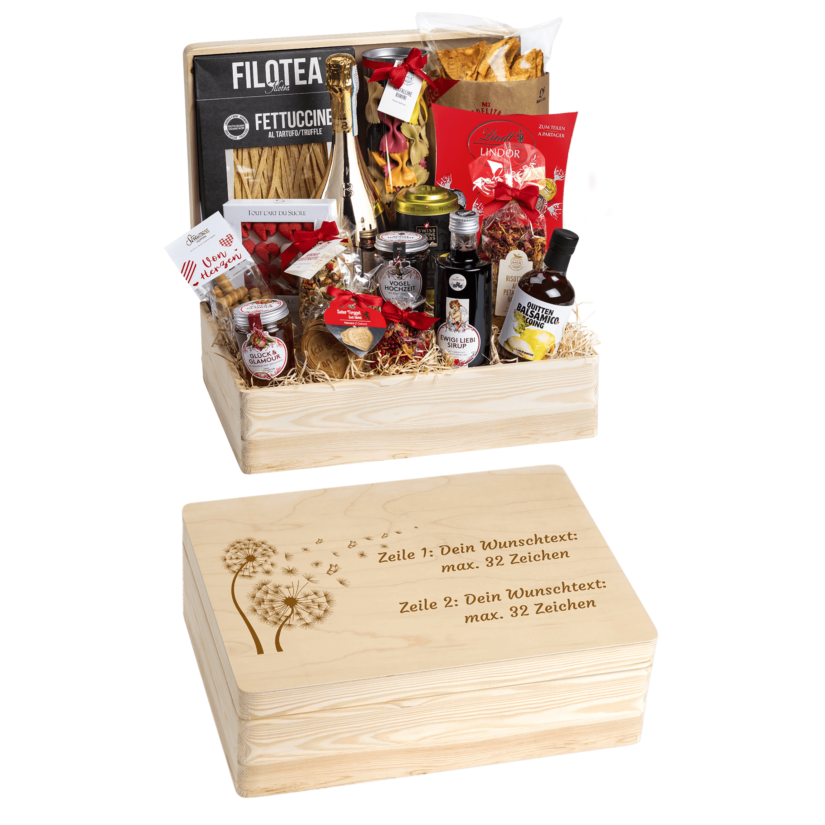 Geschenkkorb Genuss und Liebe - Erinnerungsbox Grande (Preis inkl. Gravur)
