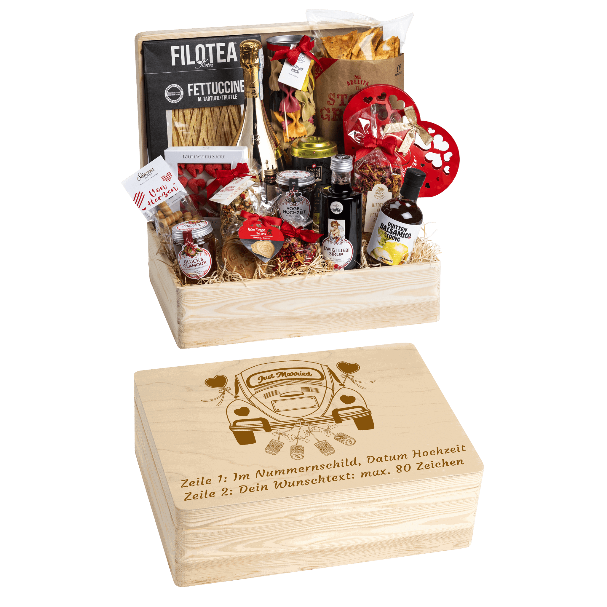Geschenkkorb Genuss und Liebe - Erinnerungsbox Grande (Preis inkl. Gravur)