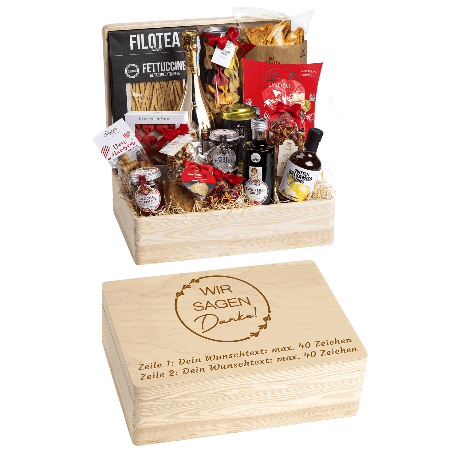 Geschenkkorb Genuss und Liebe - Erinnerungsbox Grande (Preis inkl. Gravur)
