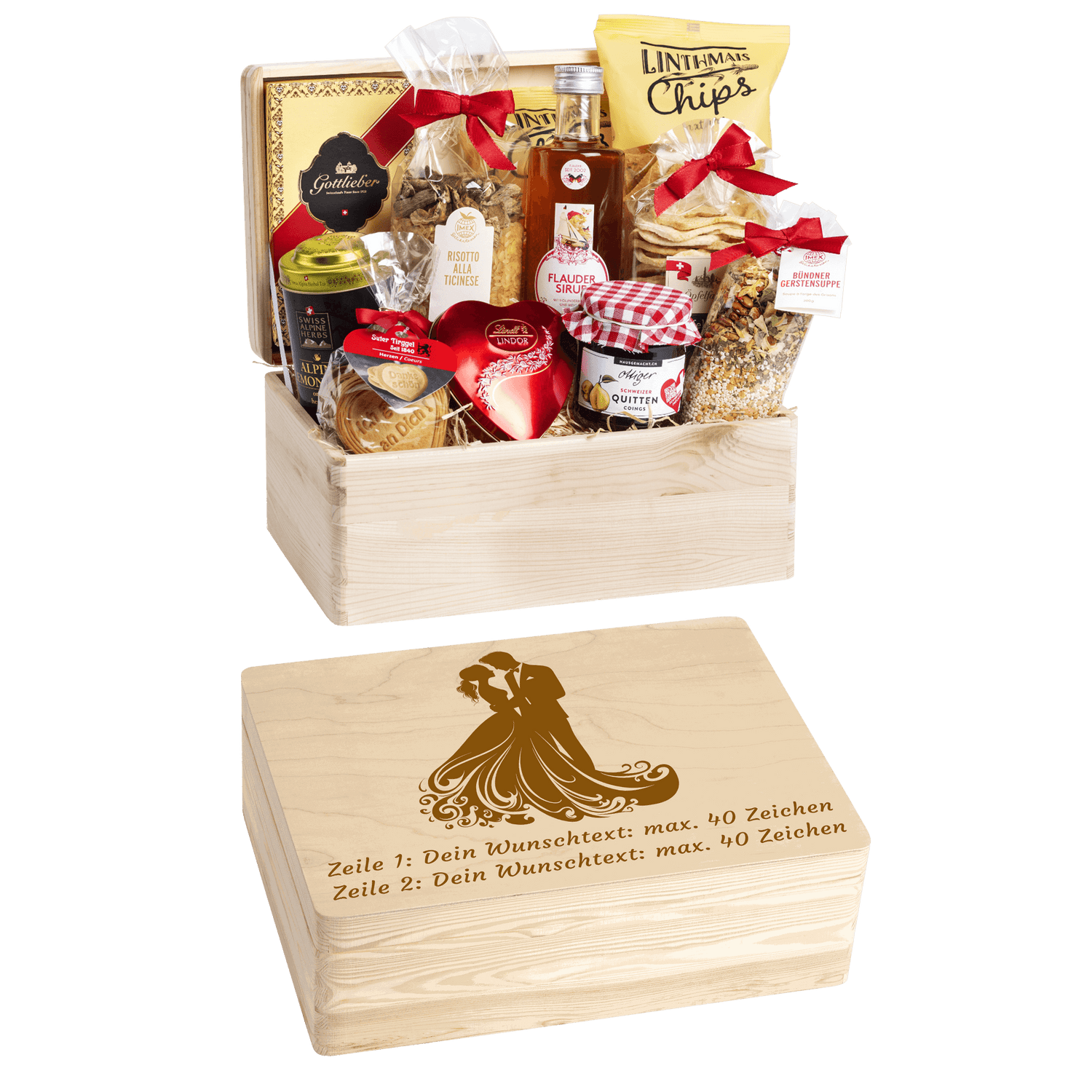 Gravierte Holzbox mit Sujet Brautpaar Gefüllt mit regionalen Spezialitäten aus der Schweiz. Das Ideale Geschenk zur Hochzeit. 