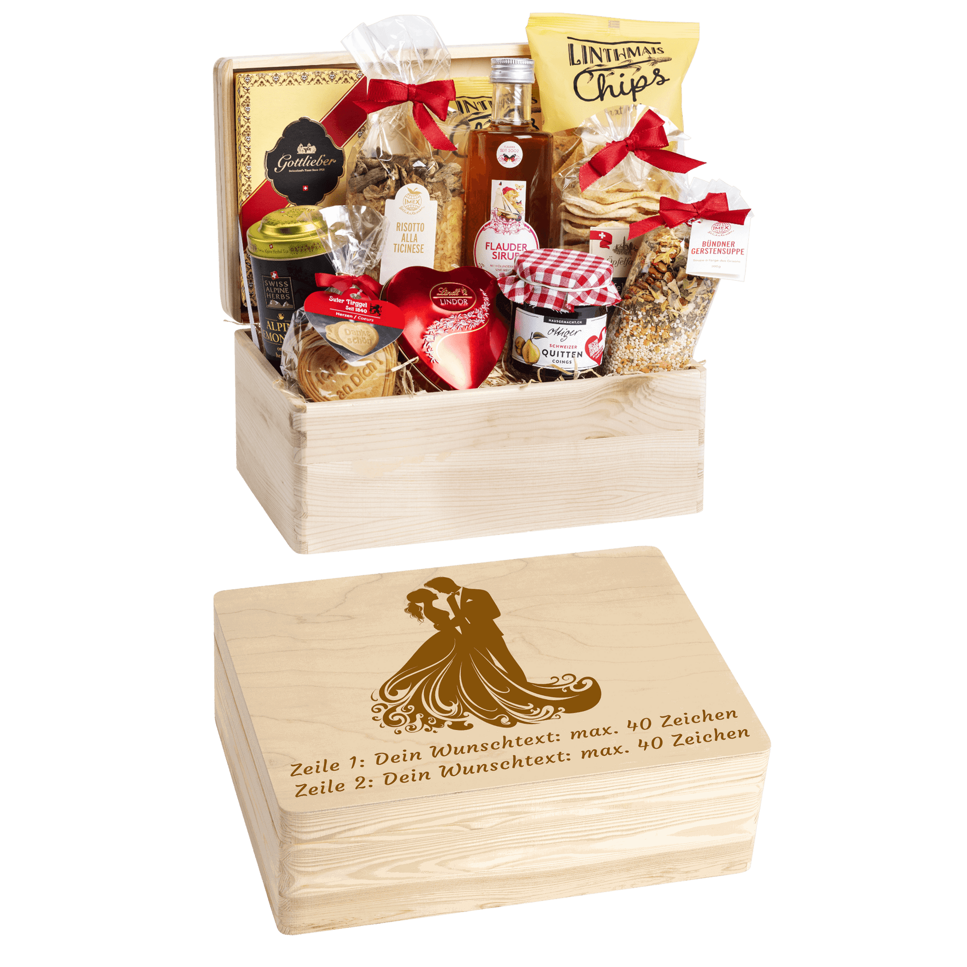 Gravierte Holzbox mit Sujet Brautpaar Gefüllt mit regionalen Spezialitäten aus der Schweiz. Das Ideale Geschenk zur Hochzeit. 
