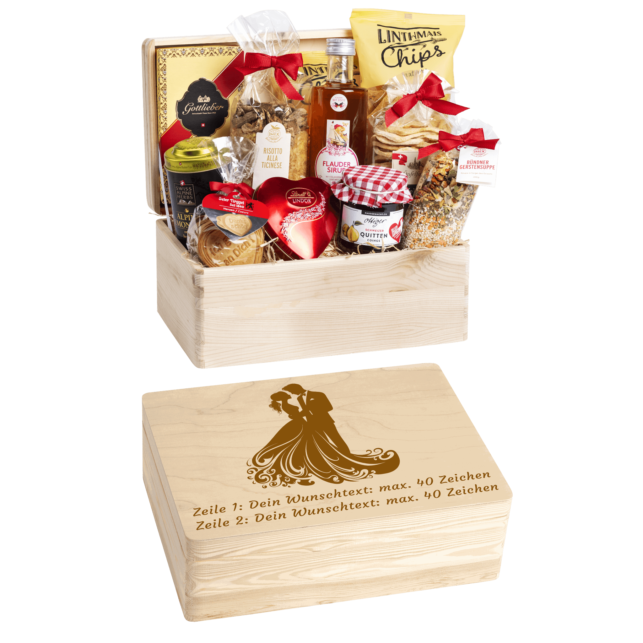 Gravierte Holzbox mit Sujet Brautpaar Gefüllt mit regionalen Spezialitäten aus der Schweiz. Das Ideale Geschenk zur Hochzeit. 