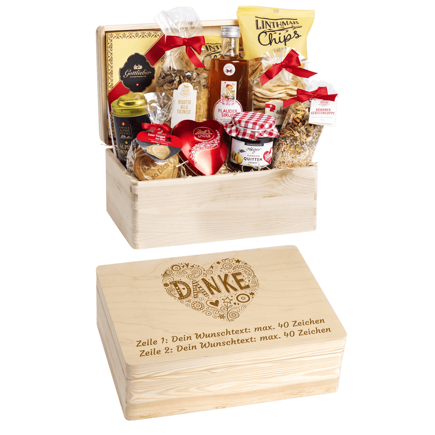 Gravierte Holzbox mit Sujet Danke in Herzform.
Gefüllt mit regionalen Spezialitäten aus der Schweiz. Das Ideale Geschenk zum Danke sagen.