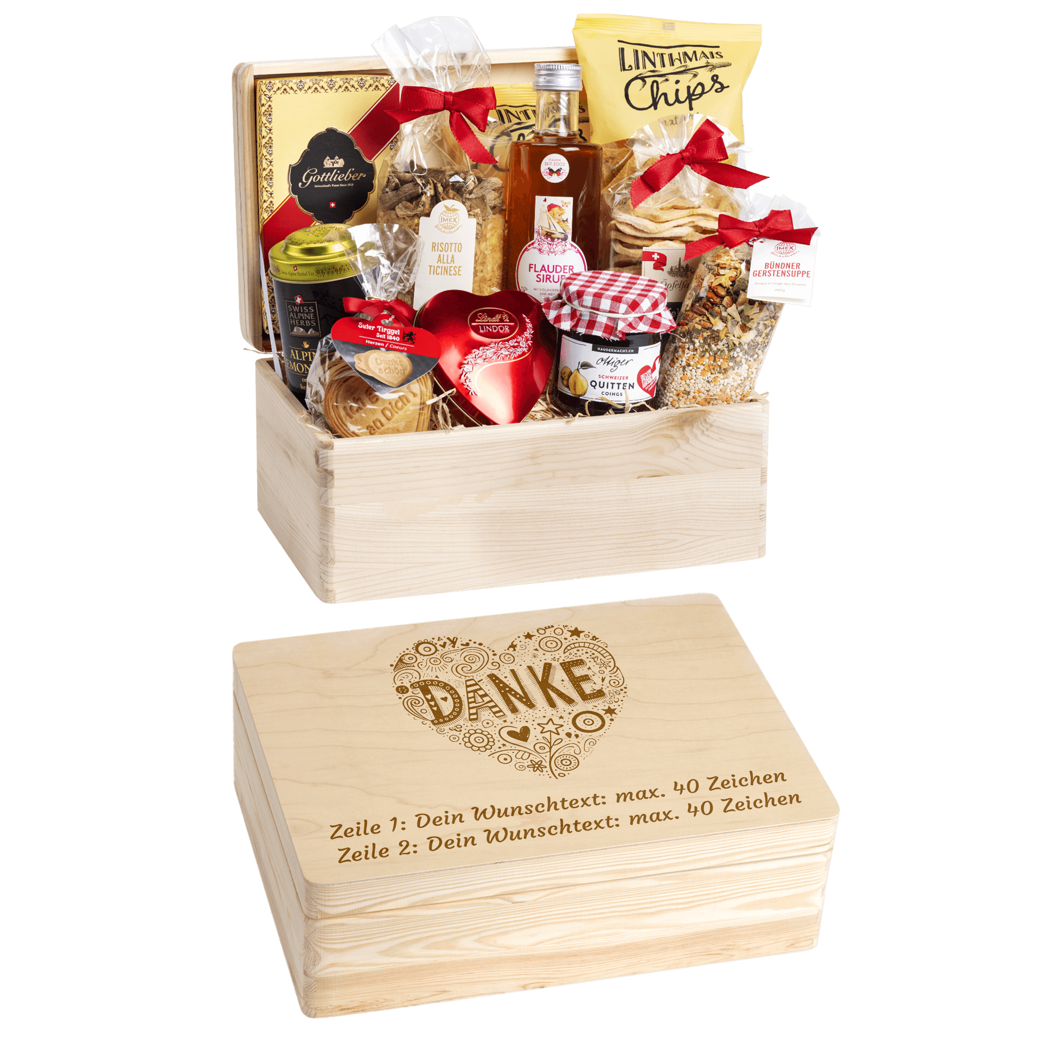 Gravierte Holzbox mit Sujet Danke in Herzform.
Gefüllt mit regionalen Spezialitäten aus der Schweiz. Das Ideale Geschenk zum Danke sagen.
