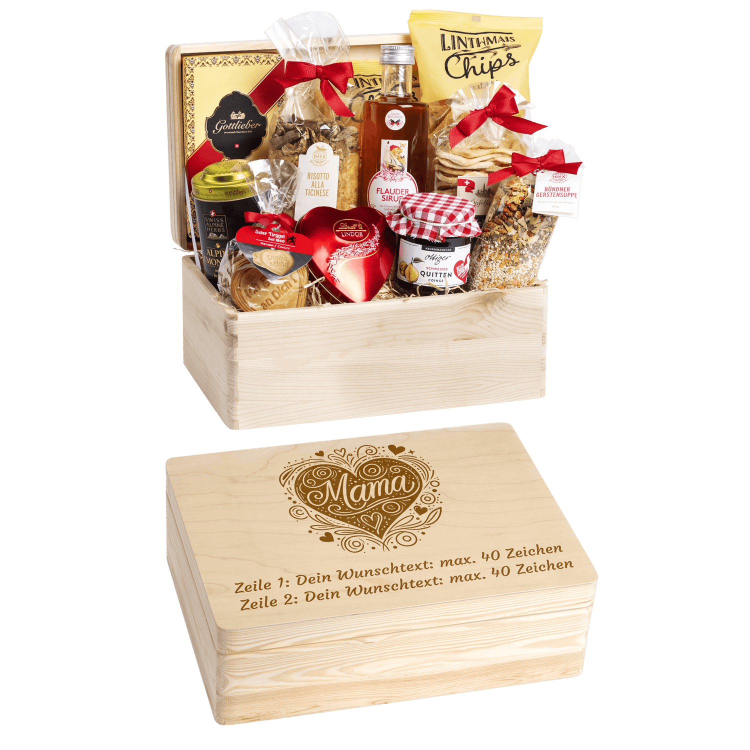 Gravierte Holzbox mit Sujet Mama. Gefüllt mit regionalen Spezialitäten aus der Schweiz. Das Ideale Geschenk zum der Mutter Danke zu sagen. 