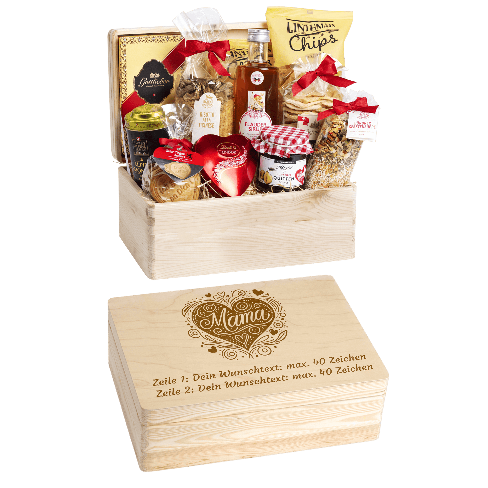 Gravierte Holzbox mit Sujet Mama. Gefüllt mit regionalen Spezialitäten aus der Schweiz. Das Ideale Geschenk zum der Mutter Danke zu sagen. 