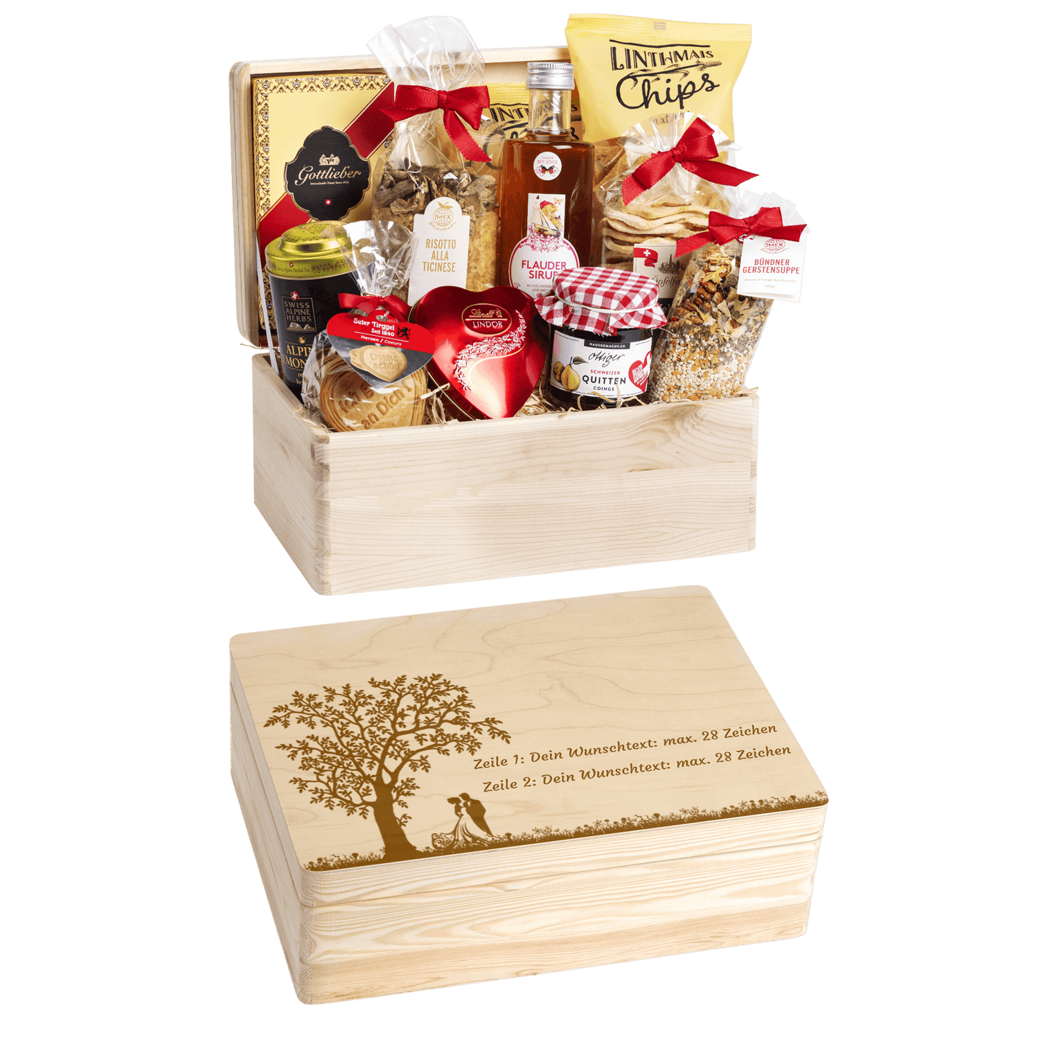 Gravierte Holzbox mit Sujet Brautpaar unter dem Baum. Gefüllt mit regionalen Spezialitäten aus der Schweiz. Das Ideale Geschenk zur Hochzeit. 