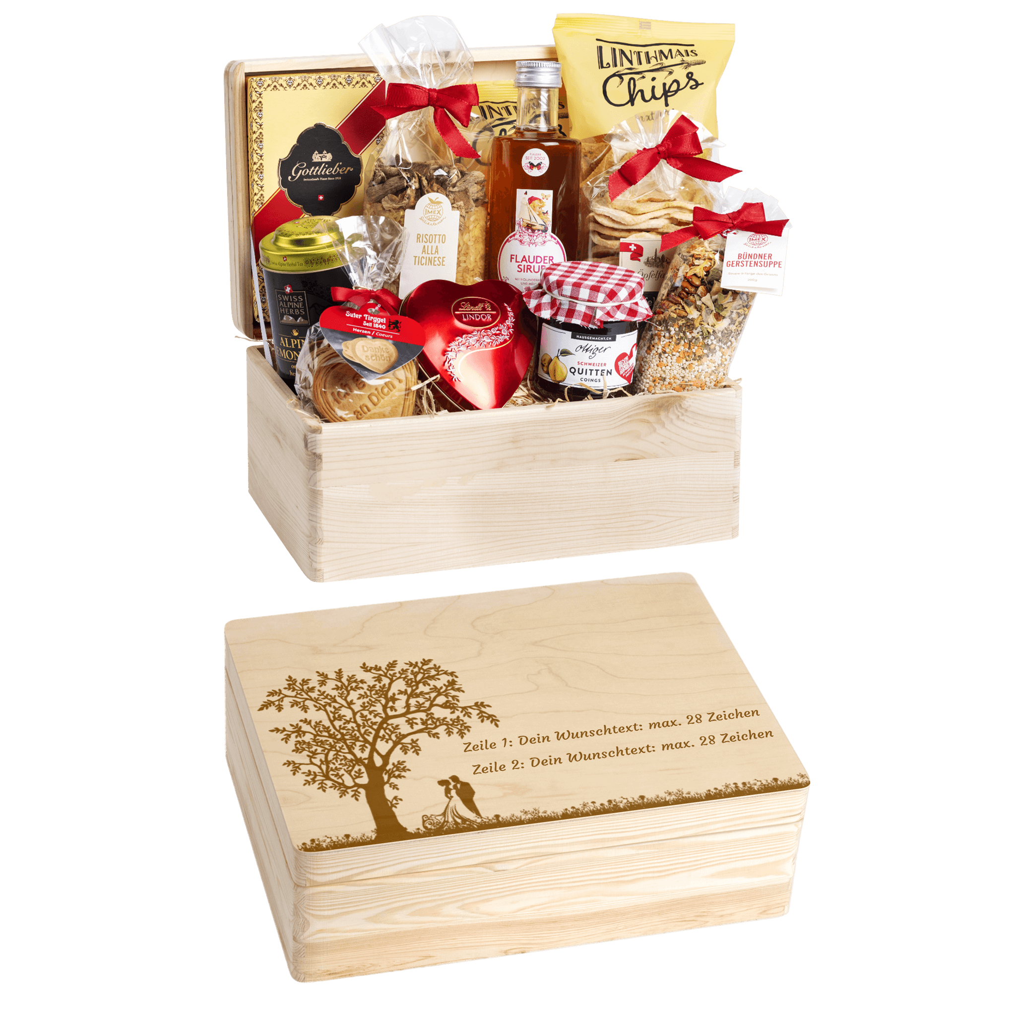 Gravierte Holzbox mit Sujet Brautpaar unter dem Baum. Gefüllt mit regionalen Spezialitäten aus der Schweiz. Das Ideale Geschenk zur Hochzeit. 