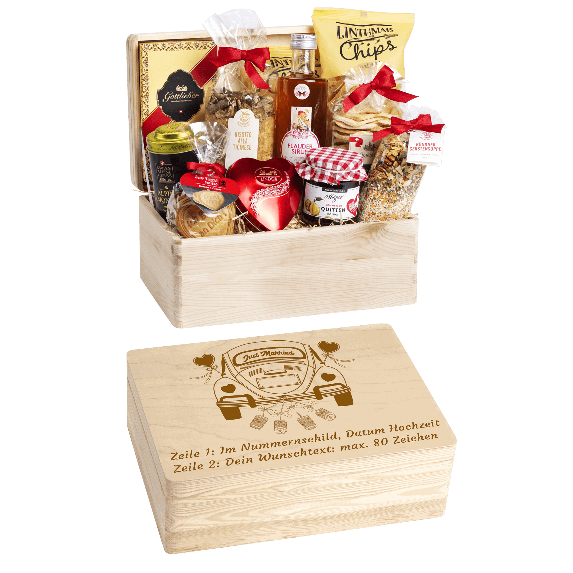 Gravierte Holzbox mit Sujet VW Käfer. Gefüllt mit regionalen Spezialitäten aus der Schweiz. Das Ideale Geschenk zur Hochzeit. 