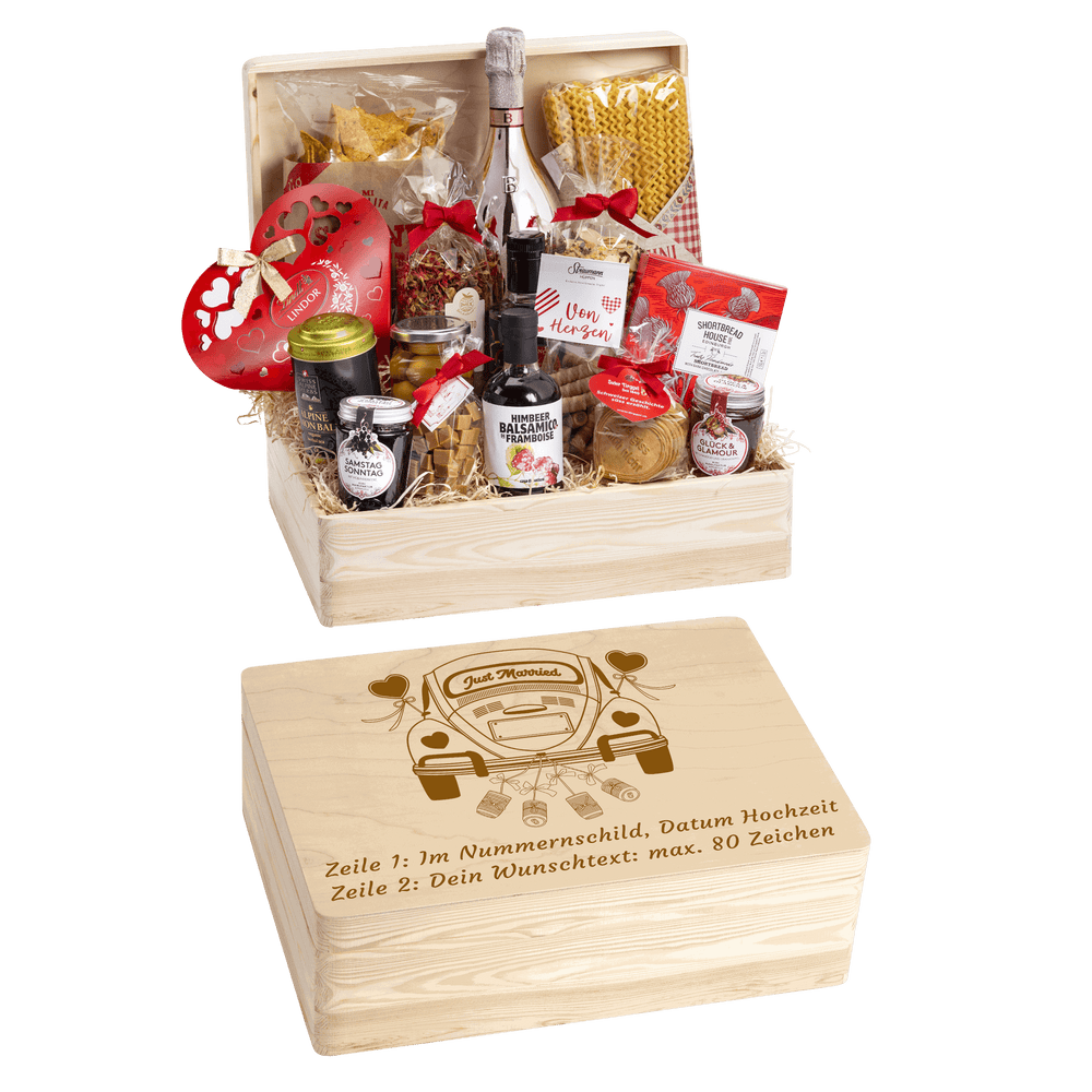 Holzbox graviert mit einem Sujet nach deiner Wahl und Wunschtext. Gravur Sujet "VW Käfer". Das ideale Geschenk zur Hochzeit. 