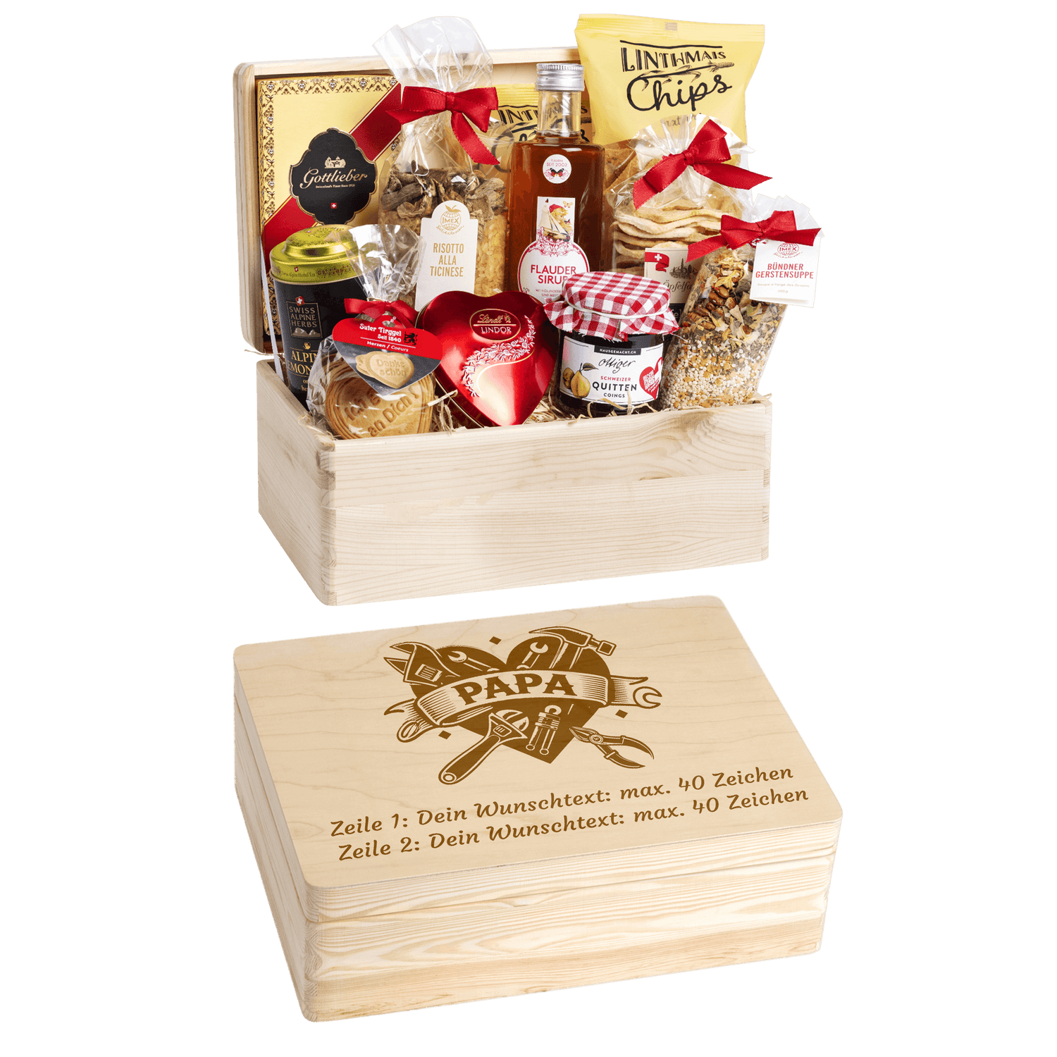 Gravierte Holzbox mit Sujet Papa. Gefüllt mit regionalen Spezialitäten aus der Schweiz. Das Ideale Geschenk zum dem Vater Danke zu sagen. 