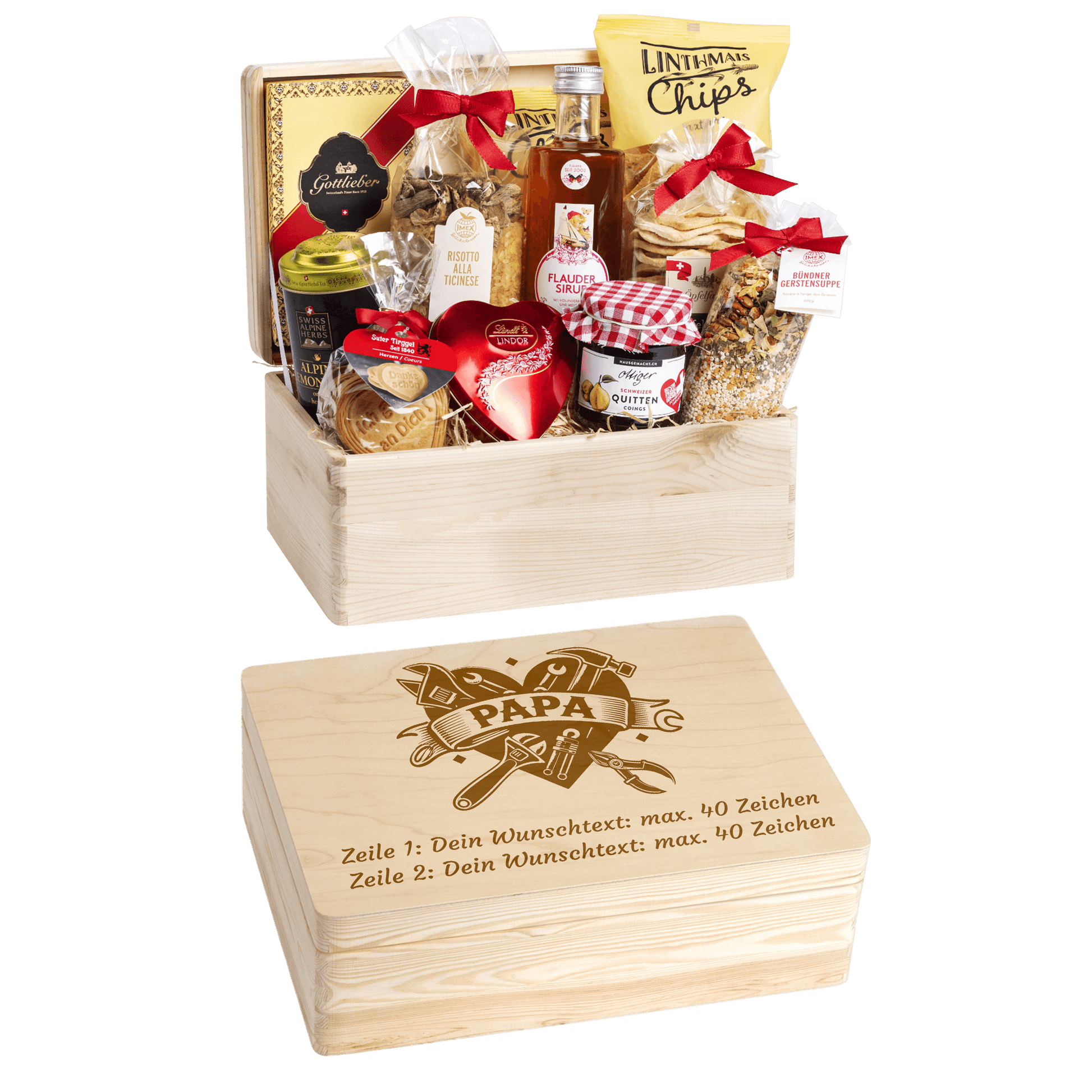 Gravierte Holzbox mit Sujet Papa. Gefüllt mit regionalen Spezialitäten aus der Schweiz. Das Ideale Geschenk zum dem Vater Danke zu sagen. 