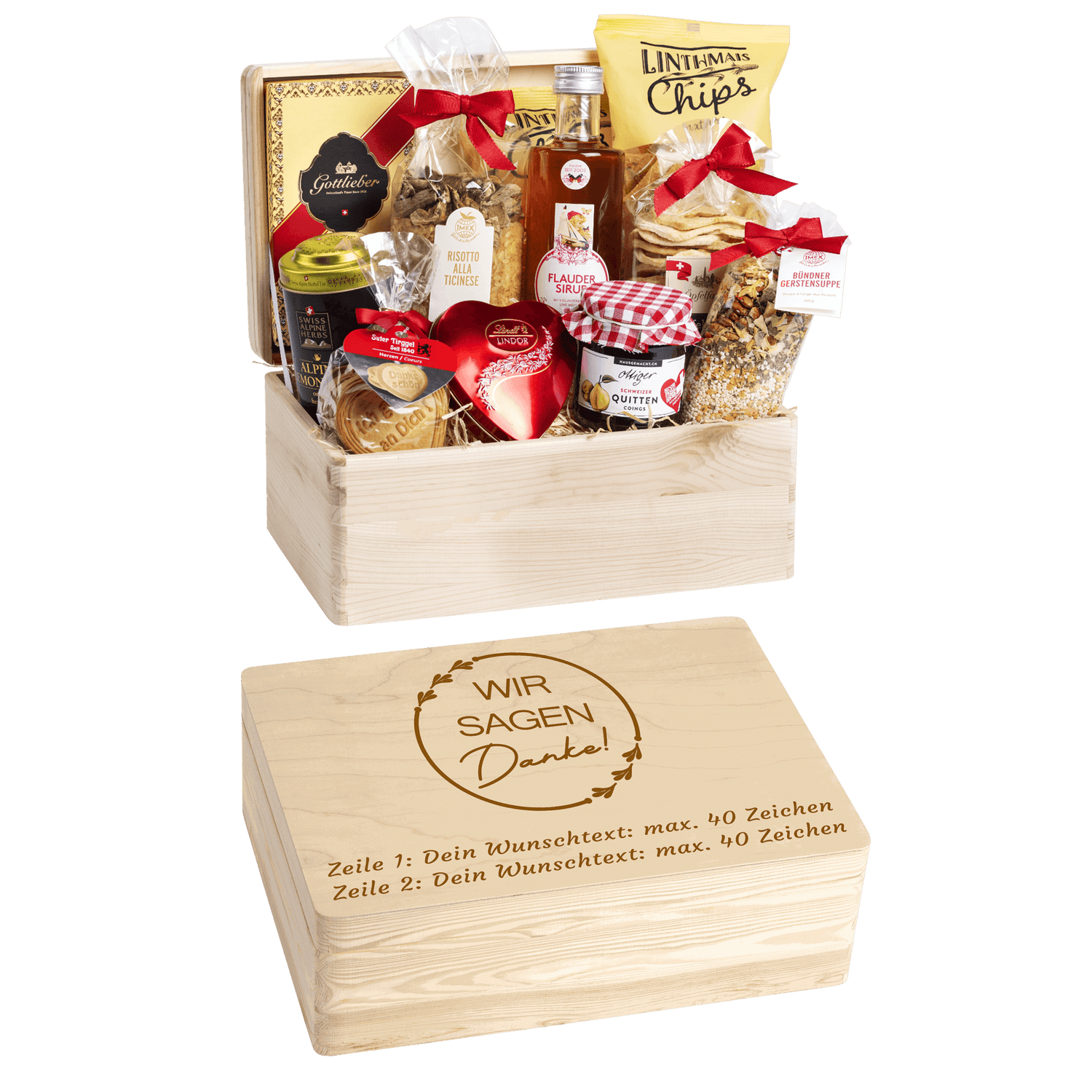 Gravierte Holzbox mit Sujet Mr. & Mrs. Gefüllt mit regionalen Spezialitäten aus der Schweiz. Das Ideale Firmen Geschenk zum Kunden oder Mitarbeiter Danke zu sagen. 