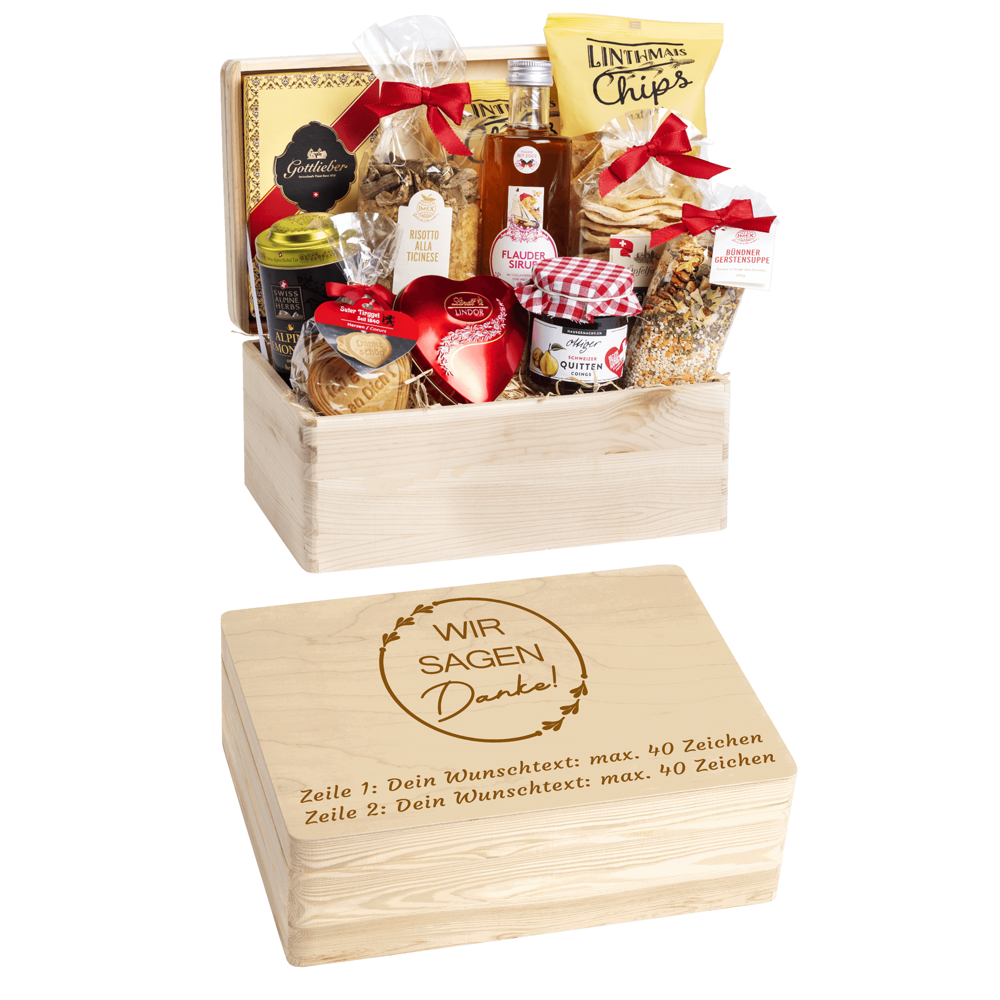 Gravierte Holzbox mit Sujet Mr. & Mrs. Gefüllt mit regionalen Spezialitäten aus der Schweiz. Das Ideale Firmen Geschenk zum Kunden oder Mitarbeiter Danke zu sagen. 