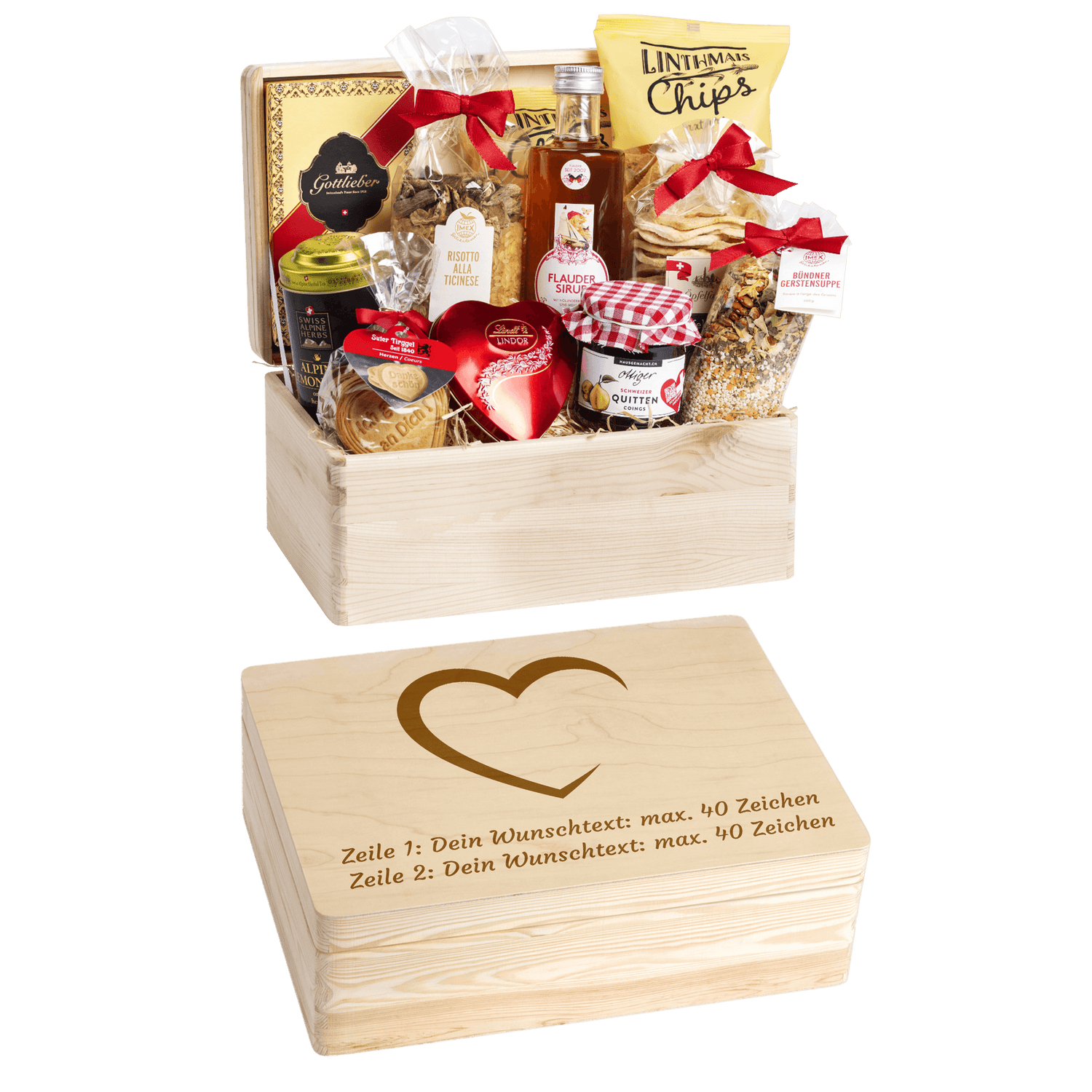 Gravierte Holzbox mit Sujet Herz und Wunschtext. Gefüllt mit regionalen Spezialitäten aus der Schweiz. Das Ideale Geschenk zur Hochzeit. 