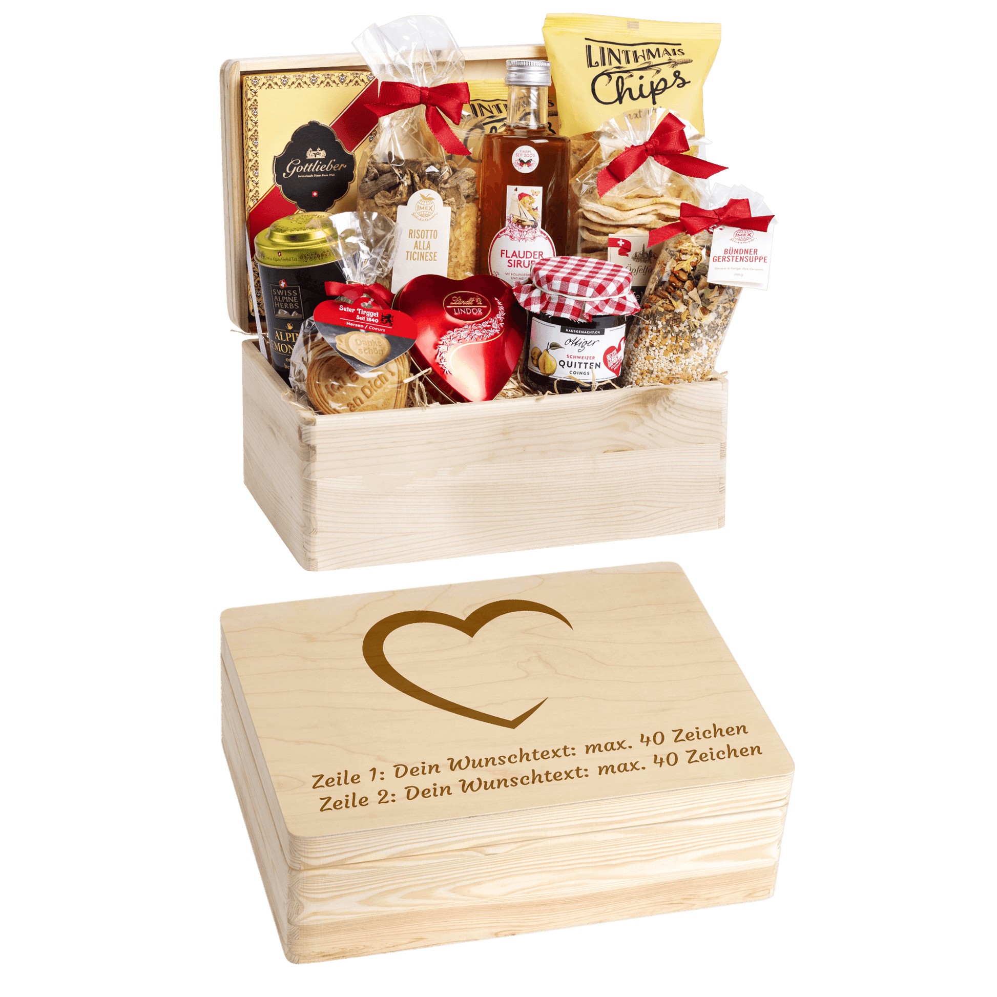 Gravierte Holzbox mit Sujet Herz und Wunschtext. Gefüllt mit regionalen Spezialitäten aus der Schweiz. Das Ideale Geschenk zur Hochzeit. 