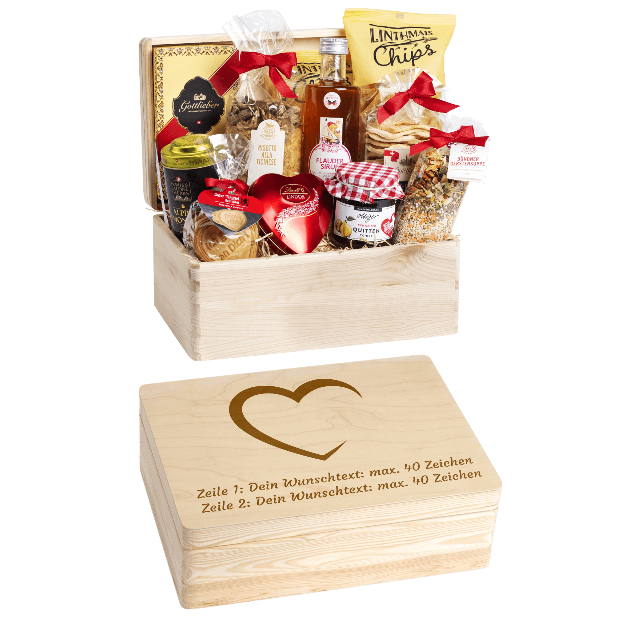 Gravierte Holzbox mit Sujet Herz und Wunschtext. Gefüllt mit regionalen Spezialitäten aus der Schweiz. Das Ideale Geschenk zur Hochzeit. 