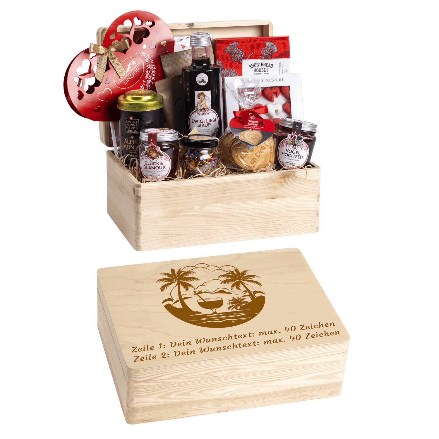 Personalisierte und gravierte Geschenkbox aus Holz. Versehen mit Wunschtext und Wunschbild. Motiv Ferien