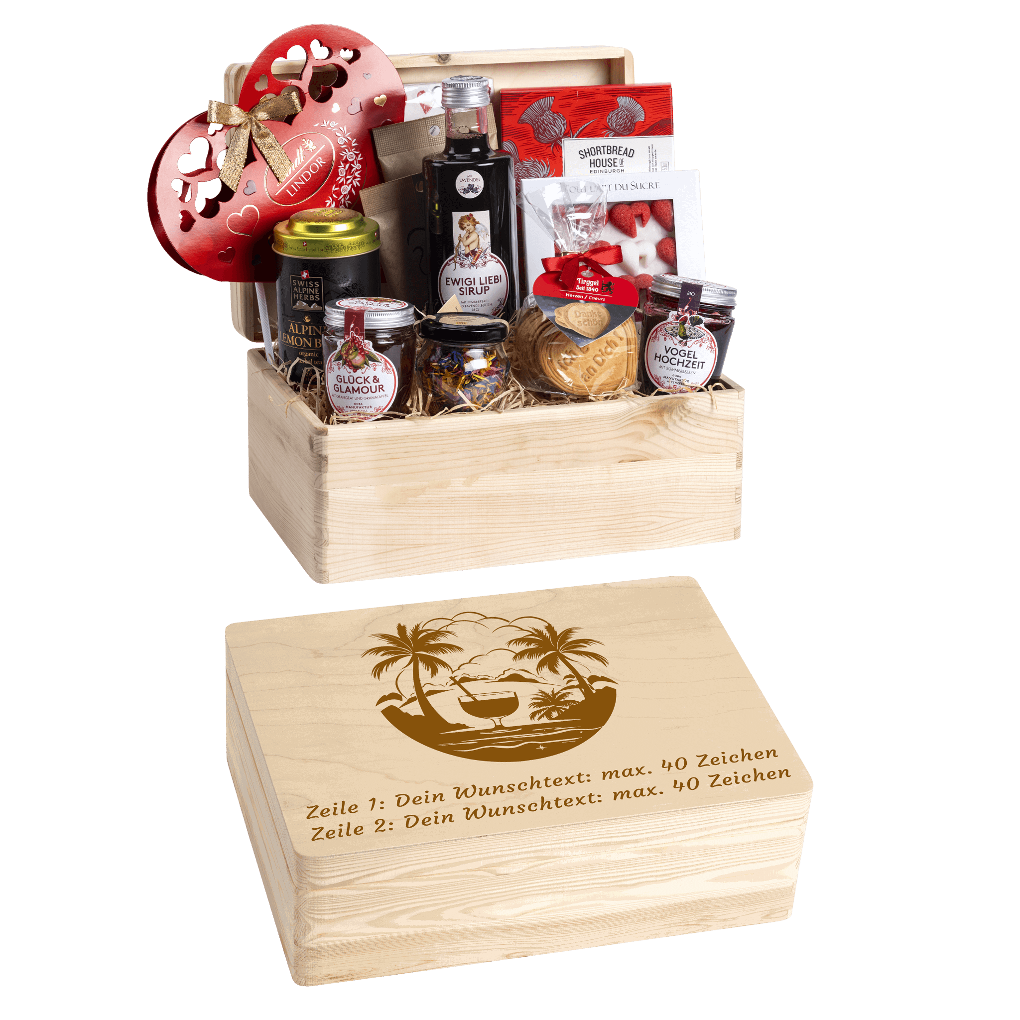 Personalisierte und gravierte Geschenkbox aus Holz. Versehen mit Wunschtext und Wunschbild. Motiv Ferien