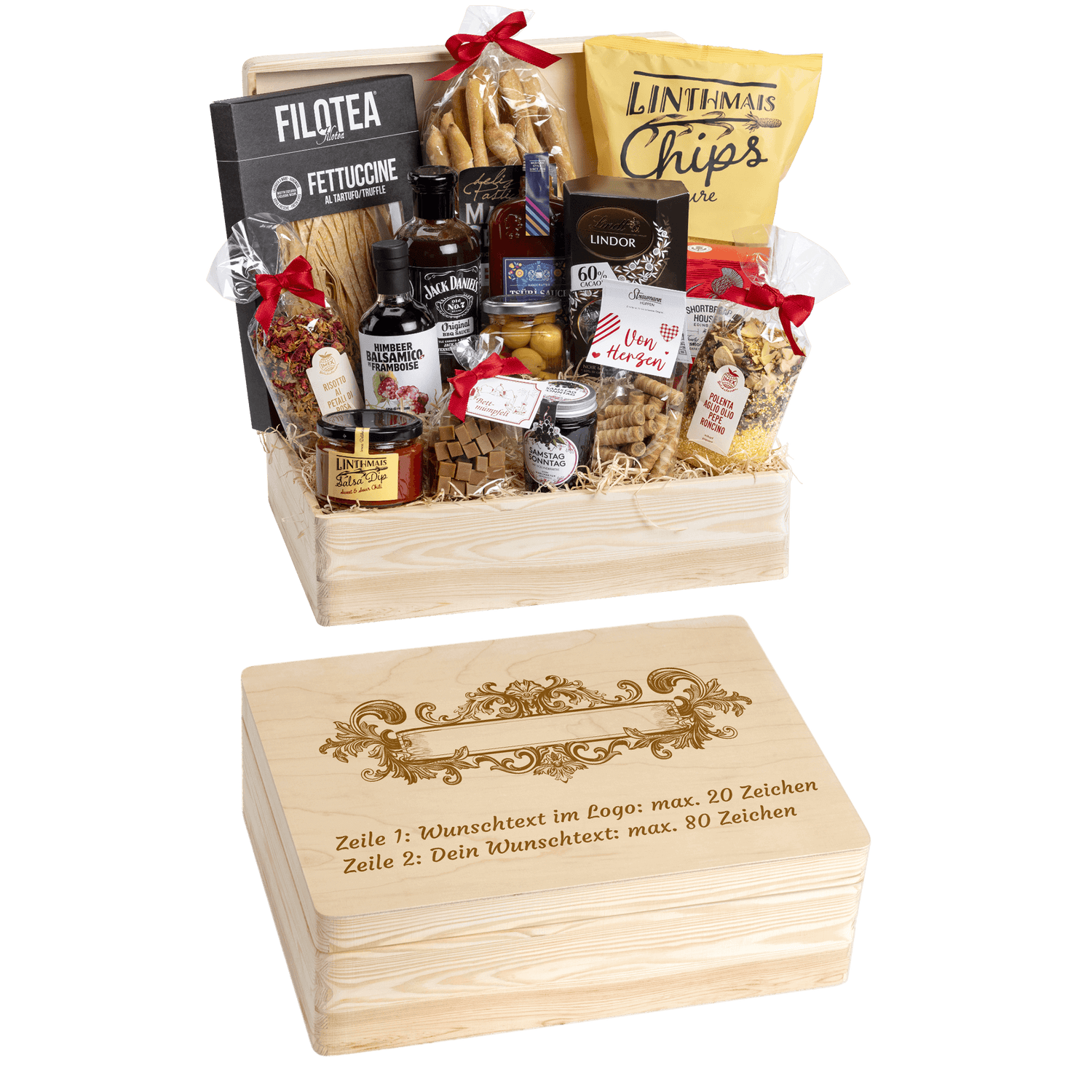 Holzbox kann mit Wunschtext und Wunsch-Sujet graviert werden. Auf der Holzbox ist das Sujet "Barock Text" graviert. Das ideale personalisierte Geschenk zum Geburtstag oder Hochzeit.