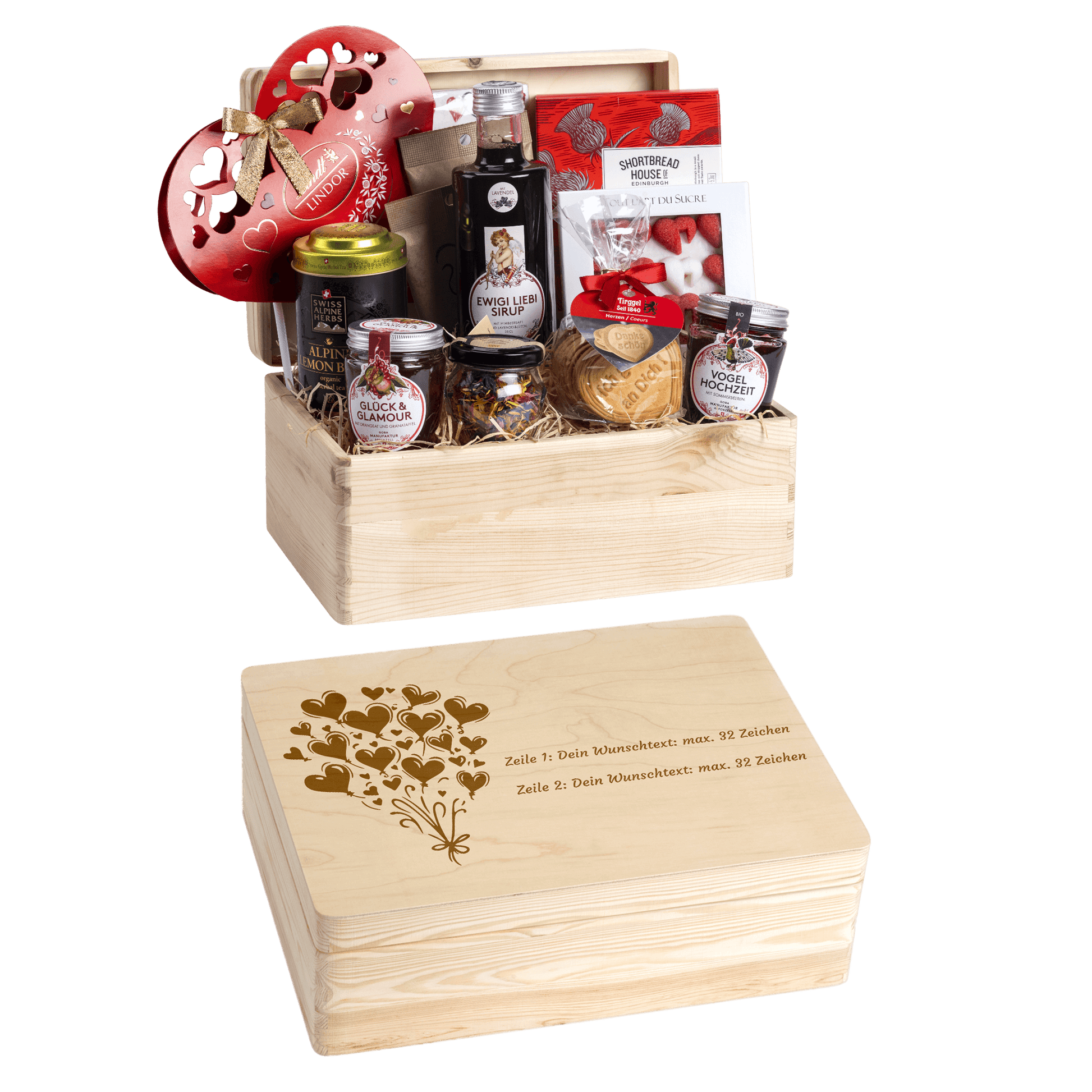 Personalisierte und gravierte Geschenkbox aus Holz. Versehen mit Wunschtext und Wunschbild. Motiv Strauss mit Herz-Ballonen.