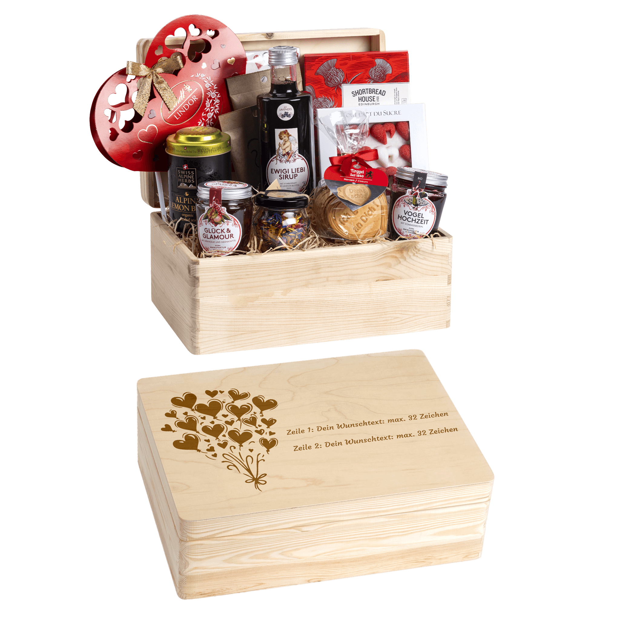 Personalisierte und gravierte Geschenkbox aus Holz. Versehen mit Wunschtext und Wunschbild. Motiv Strauss mit Herz-Ballonen.