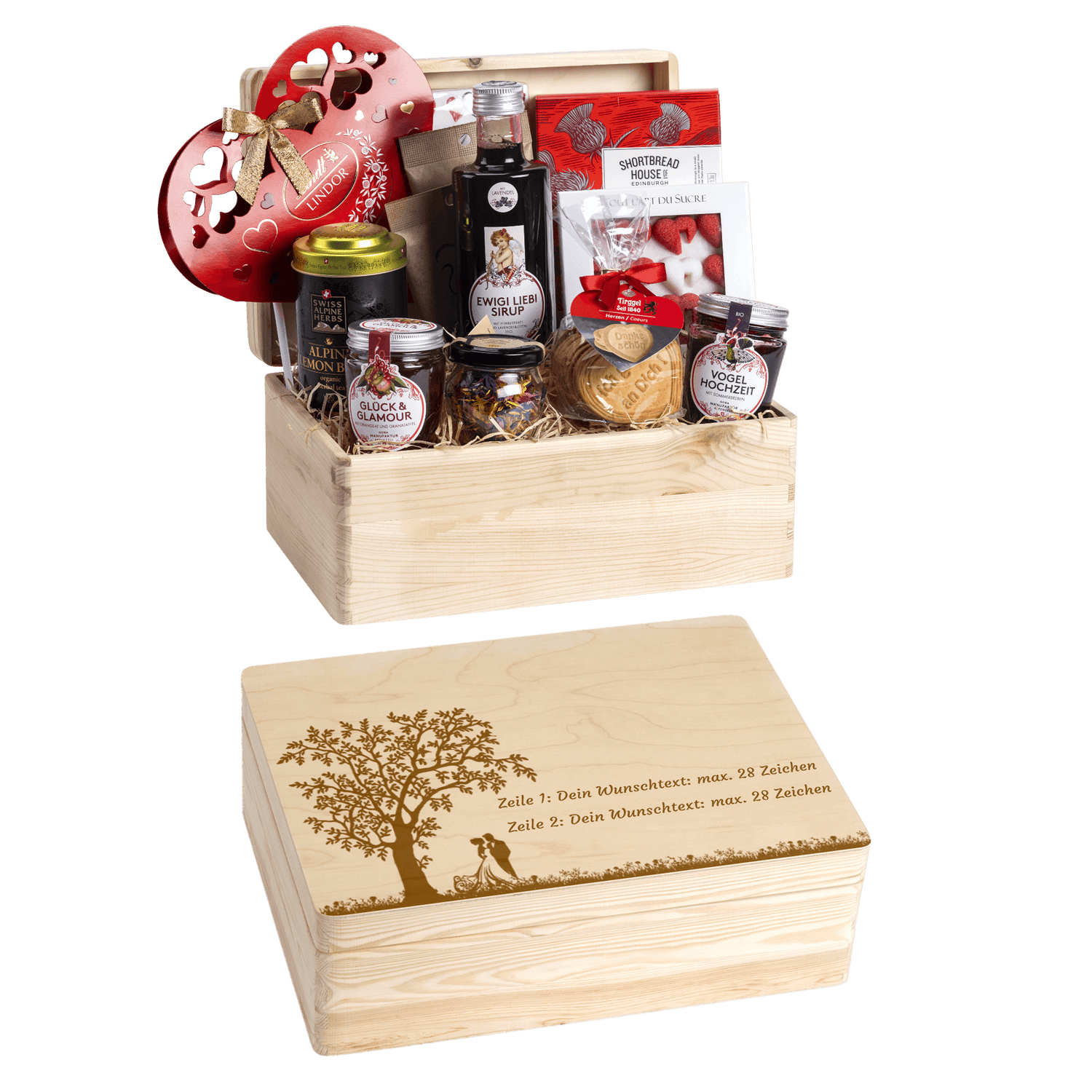 Personalisierte und gravierte Geschenkbox aus Holz. Versehen mit Wunschtext und Wunschbild. Motiv Hochzeit, Brautpaar unter dem Baum