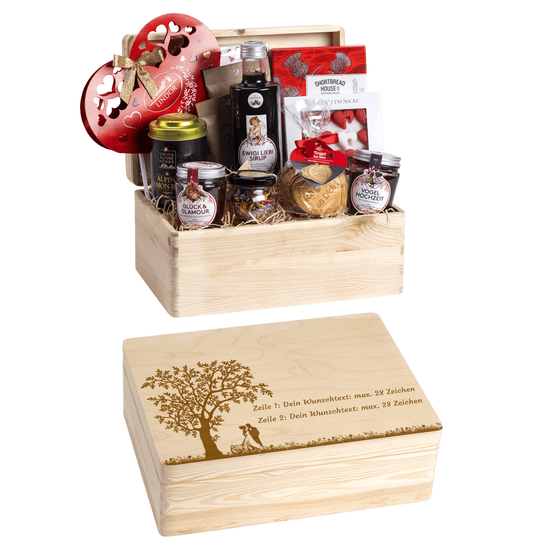 Personalisierte und gravierte Geschenkbox aus Holz. Versehen mit Wunschtext und Wunschbild. Motiv Hochzeit, Brautpaar unter dem Baum