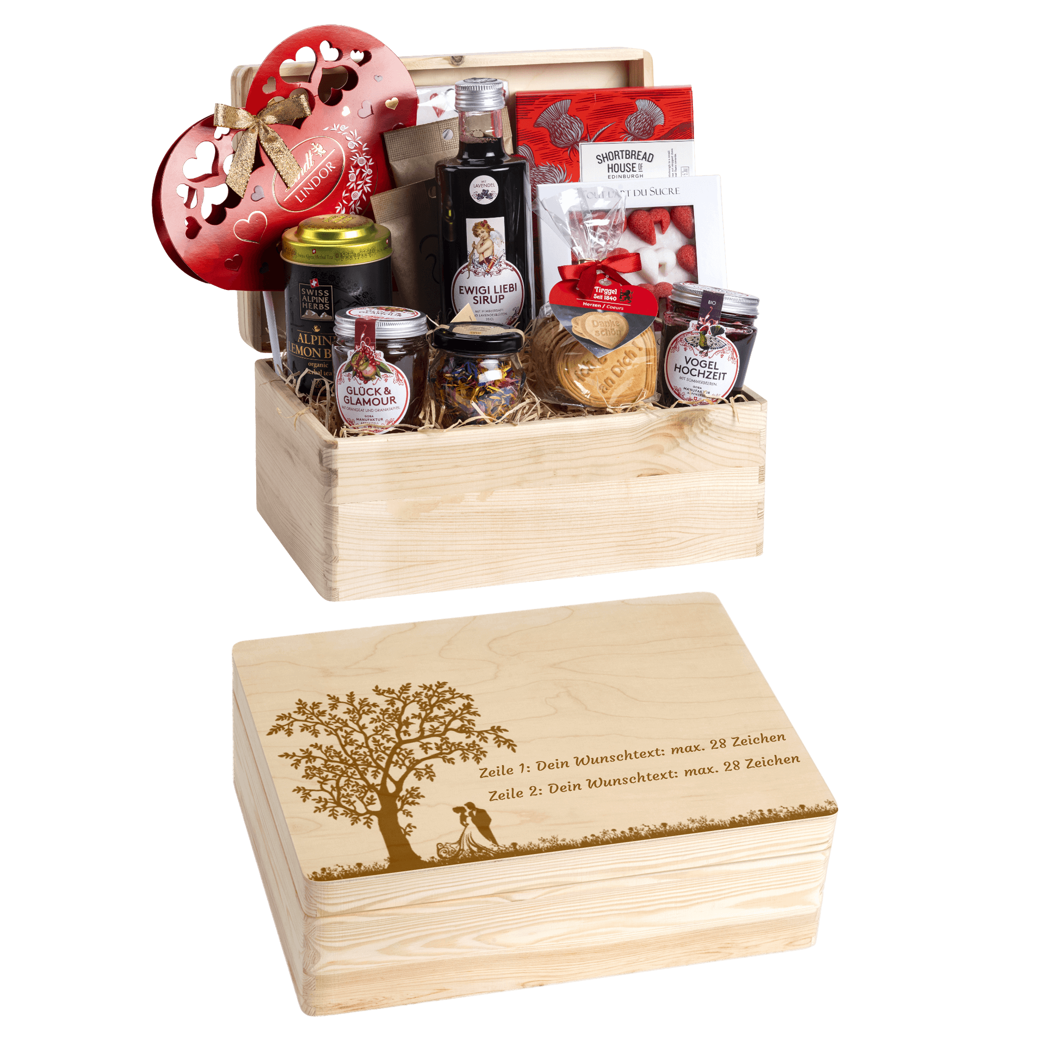Personalisierte und gravierte Geschenkbox aus Holz. Versehen mit Wunschtext und Wunschbild. Motiv Hochzeit, Brautpaar unter dem Baum