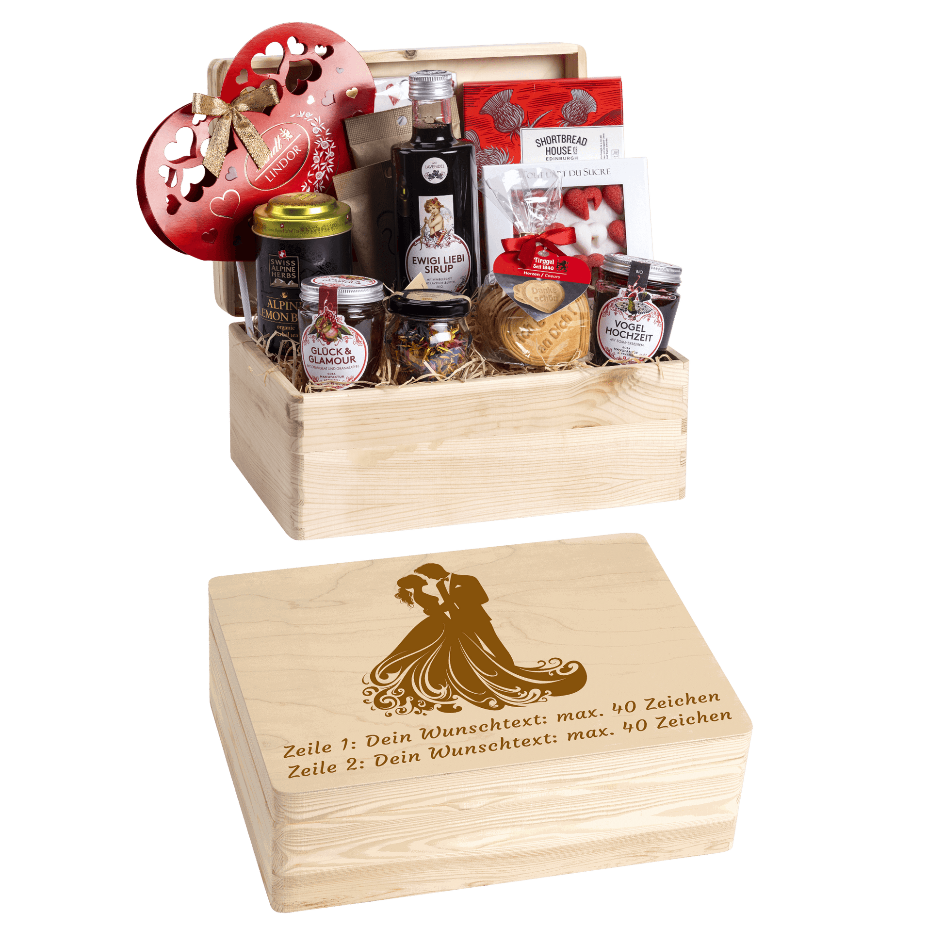 Personalisierte und gravierte Geschenkbox aus Holz. Versehen mit Wunschtext und Wunschbild. Motiv Brautpaar Hochzeit