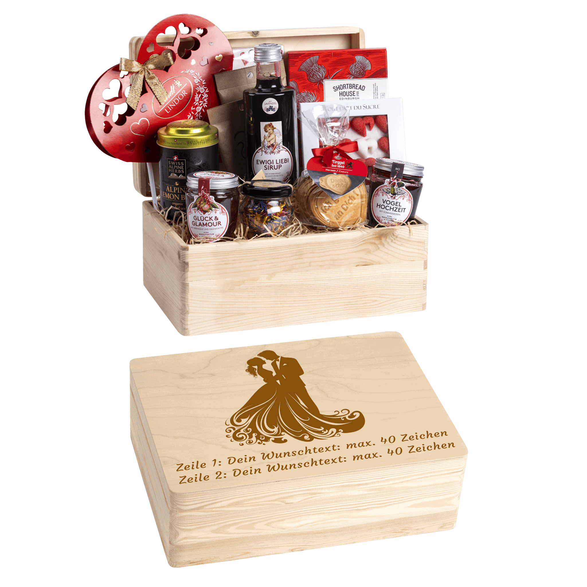 Personalisierte und gravierte Geschenkbox aus Holz. Versehen mit Wunschtext und Wunschbild. Motiv Brautpaar Hochzeit
