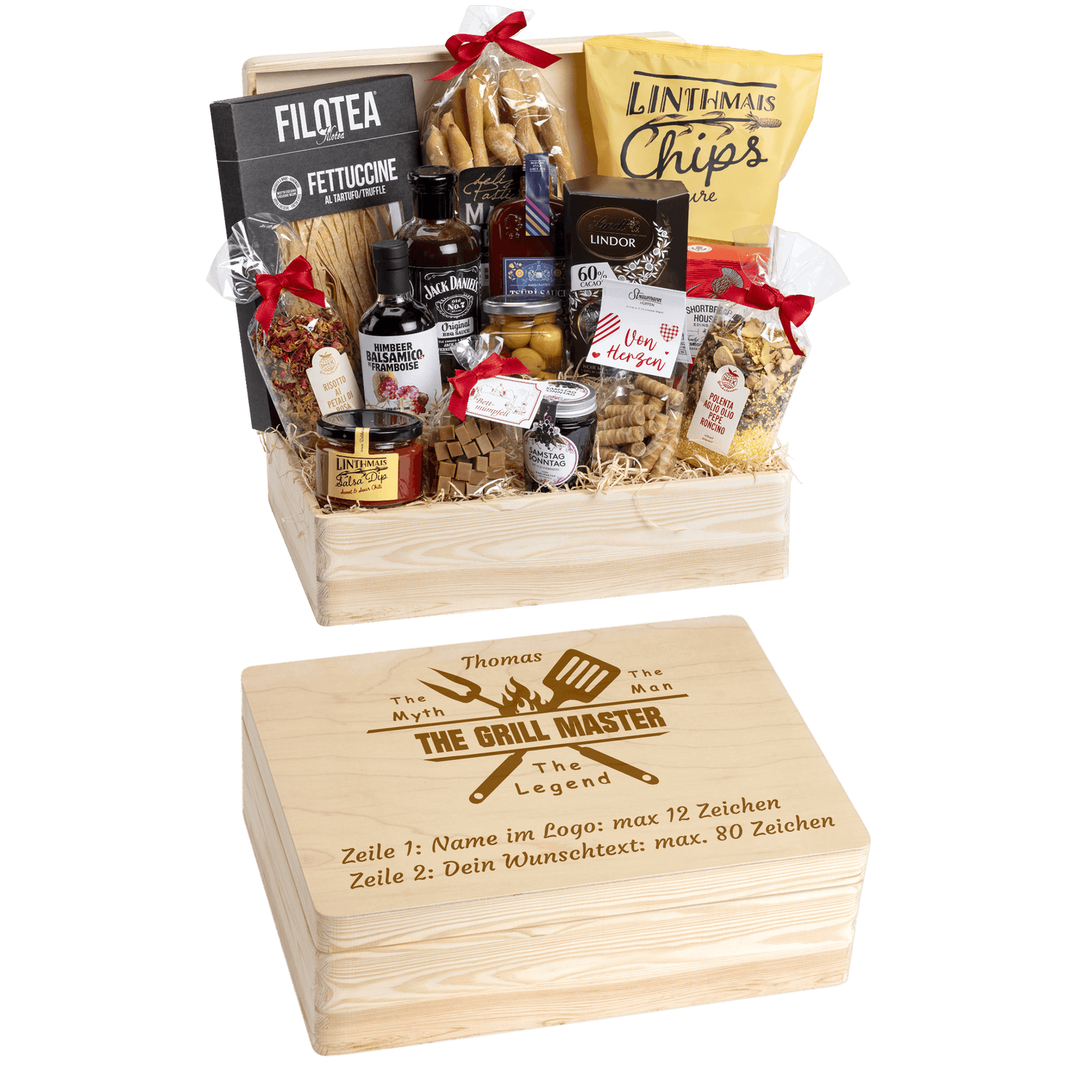 Holzbox kann mit Wunschtext und Wunsch-Sujet graviert werden. Auf der Holzbox ist das Sujet "The Grill Master" graviert. Das ideale personalisierte Geschenk zu einem Grillfest im Sommer.