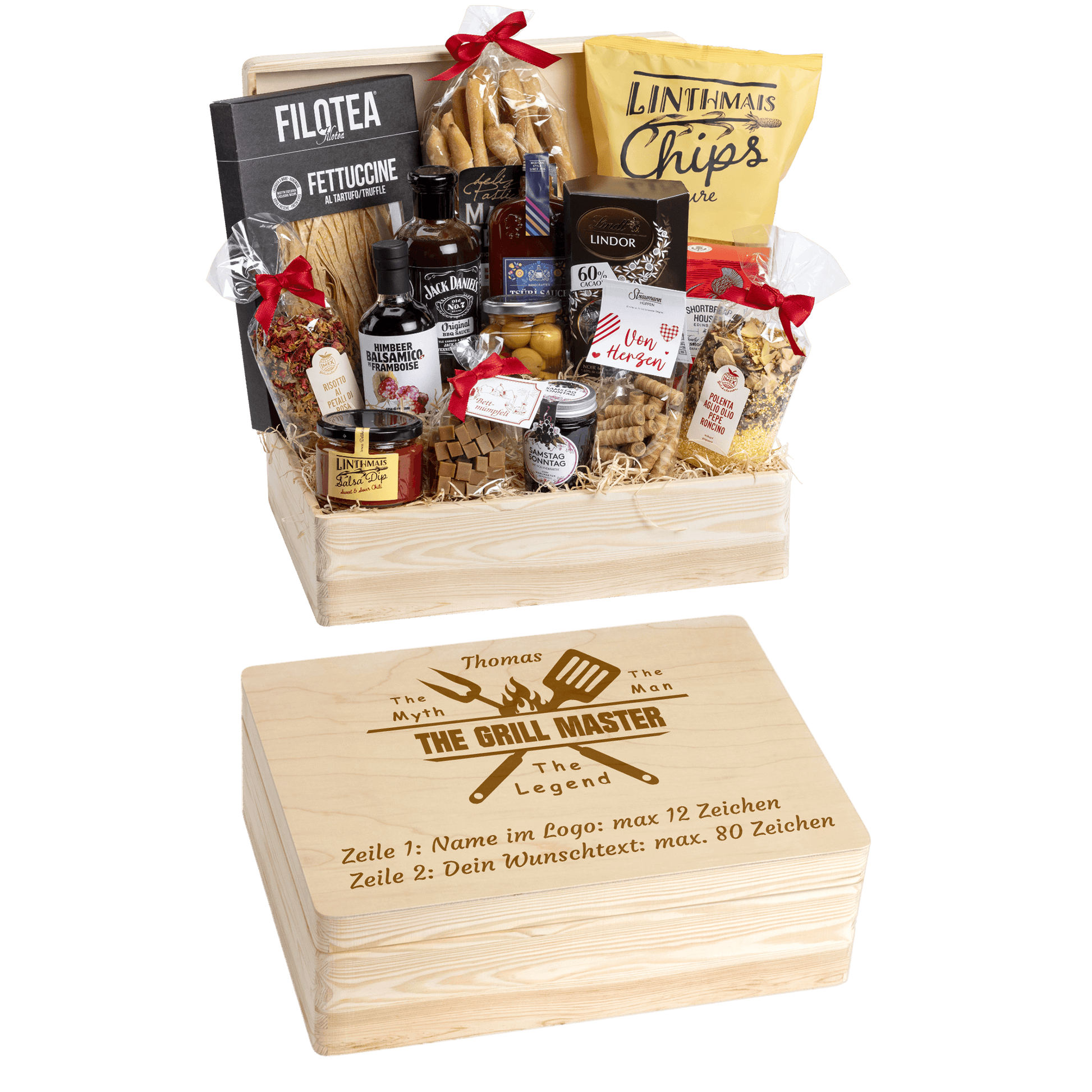 Holzbox kann mit Wunschtext und Wunsch-Sujet graviert werden. Auf der Holzbox ist das Sujet "The Grill Master" graviert. Das ideale personalisierte Geschenk zu einem Grillfest im Sommer.