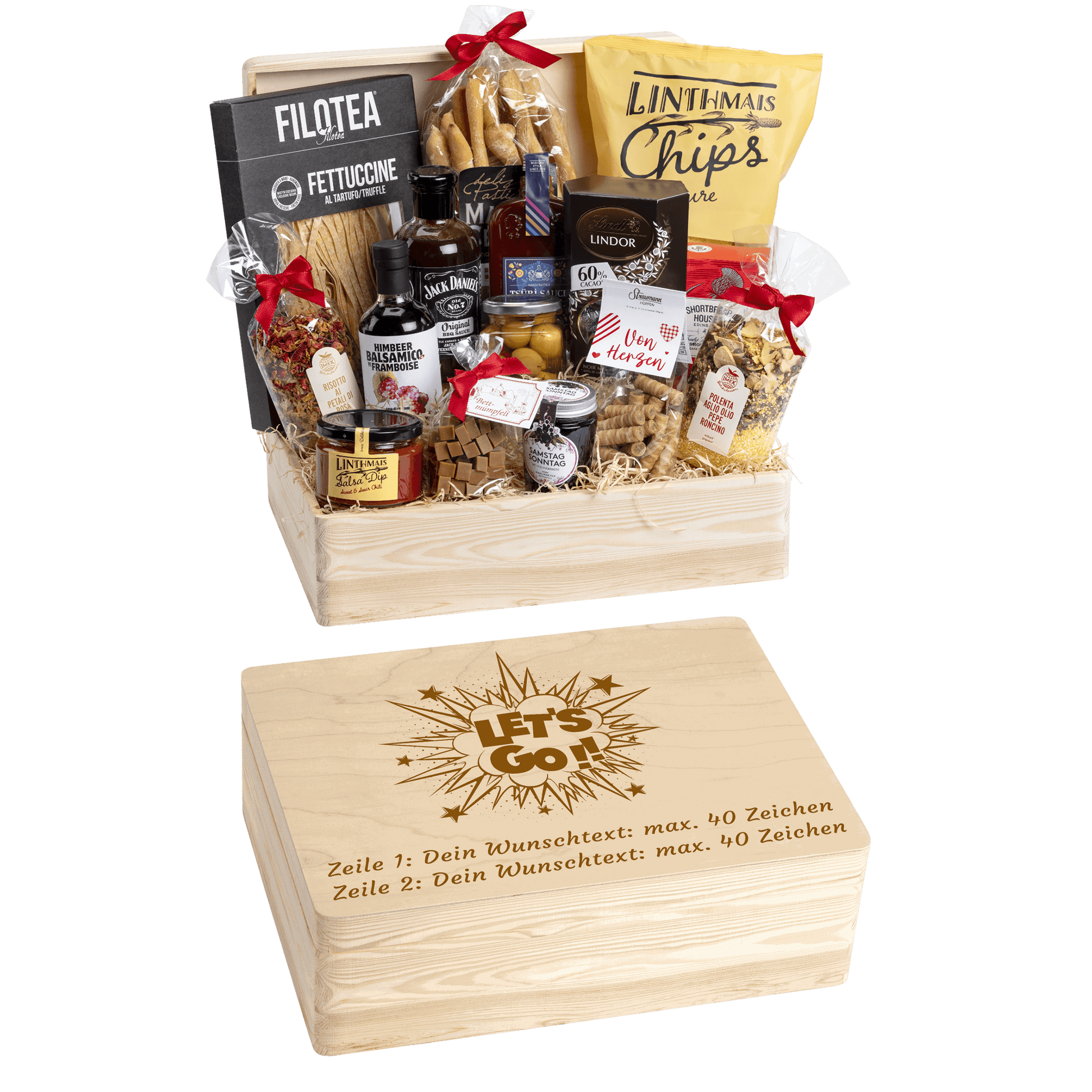 Holzbox kann mit Wunschtext und Wunsch-Sujet graviert werden. Auf der Holzbox ist das Sujet "Lets go" graviert. Das ideale Geschenk für den Projektstart.