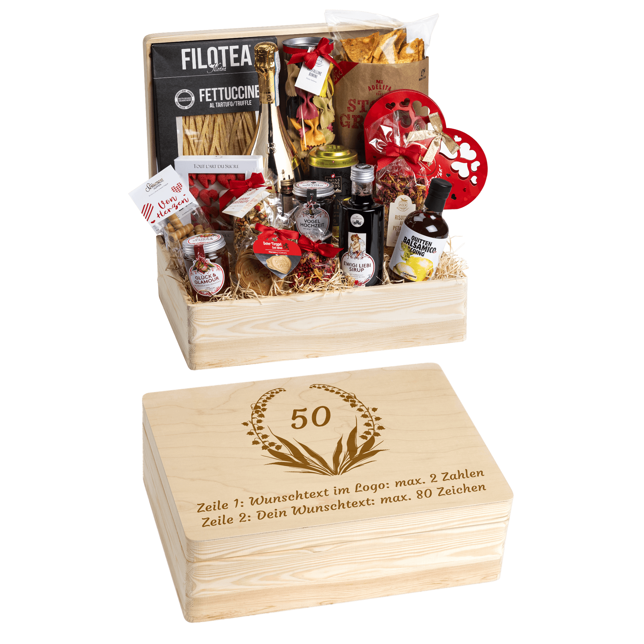 Personalisierte und gravierte Geschenkbox aus Holz. Versehen mit Wunschtext und Wunschbild. Motiv Blumenkranz
