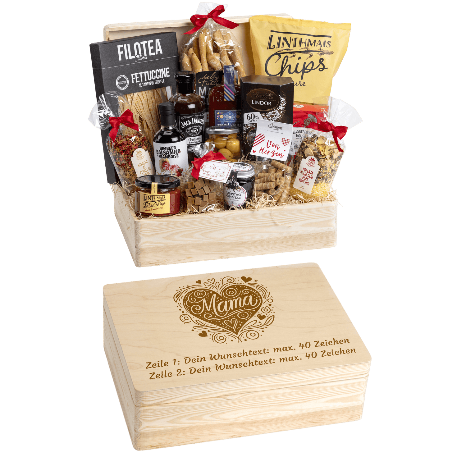 Holzbox kann mit Wunschtext und Wunsch-Sujet graviert werden. Auf der Holzbox ist das Sujet "Mama" graviert. Das ideale personalisierte Geschenk für die Mutter.