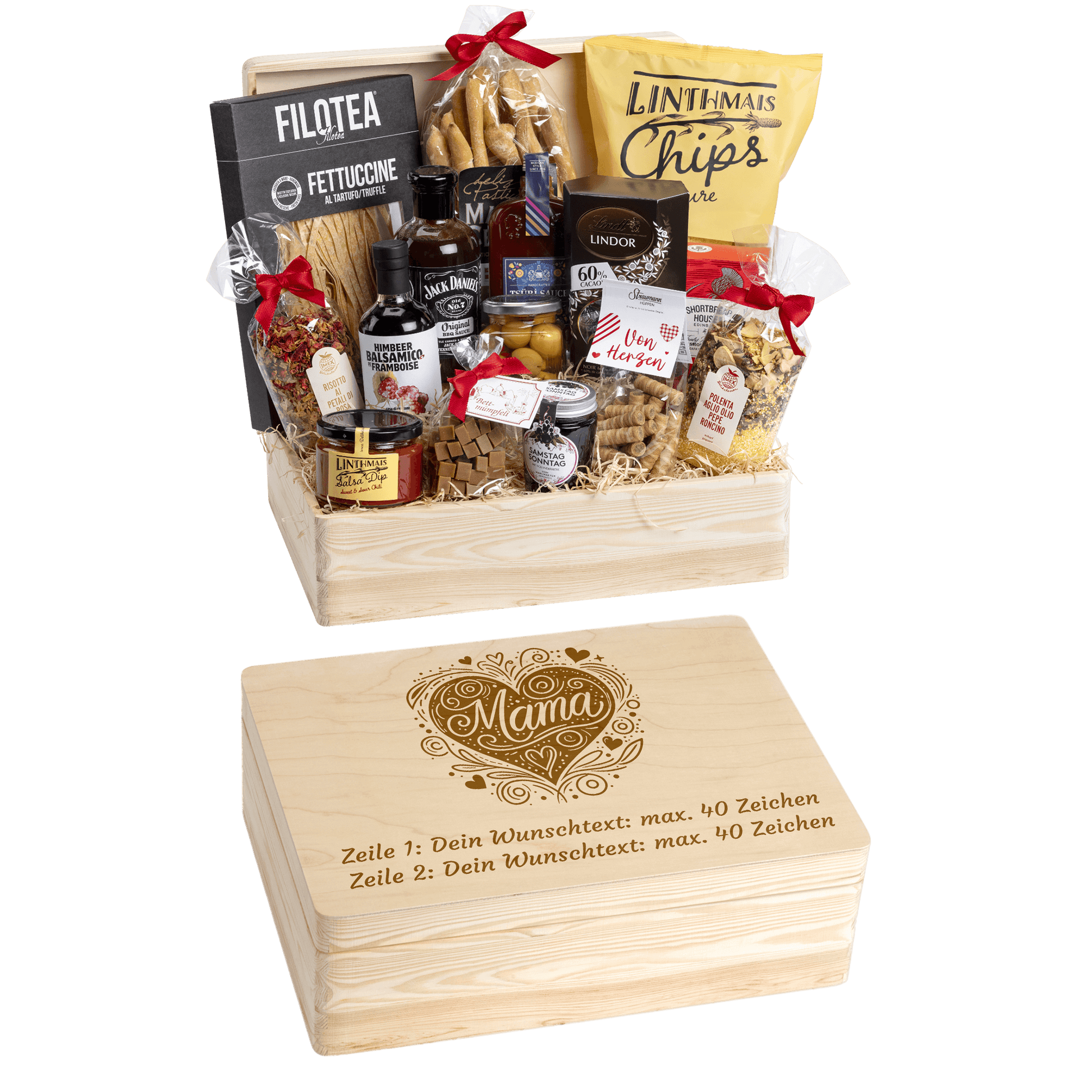 Holzbox kann mit Wunschtext und Wunsch-Sujet graviert werden. Auf der Holzbox ist das Sujet "Mama" graviert. Das ideale personalisierte Geschenk für die Mutter.