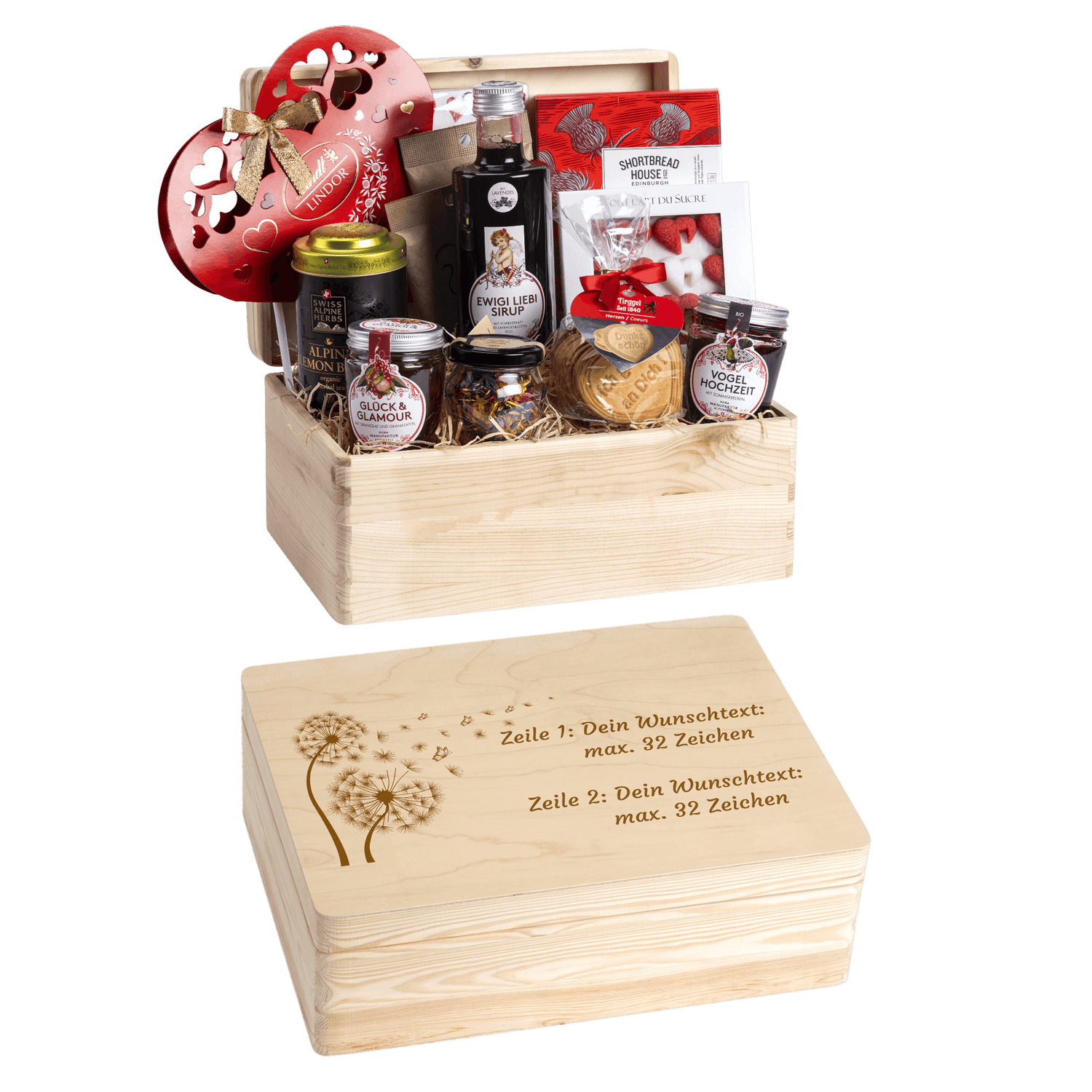 Personalisierte und gravierte Geschenkbox aus Holz. Versehen mit Wunschtext und Wunschbild. Motiv Pusteblume.
