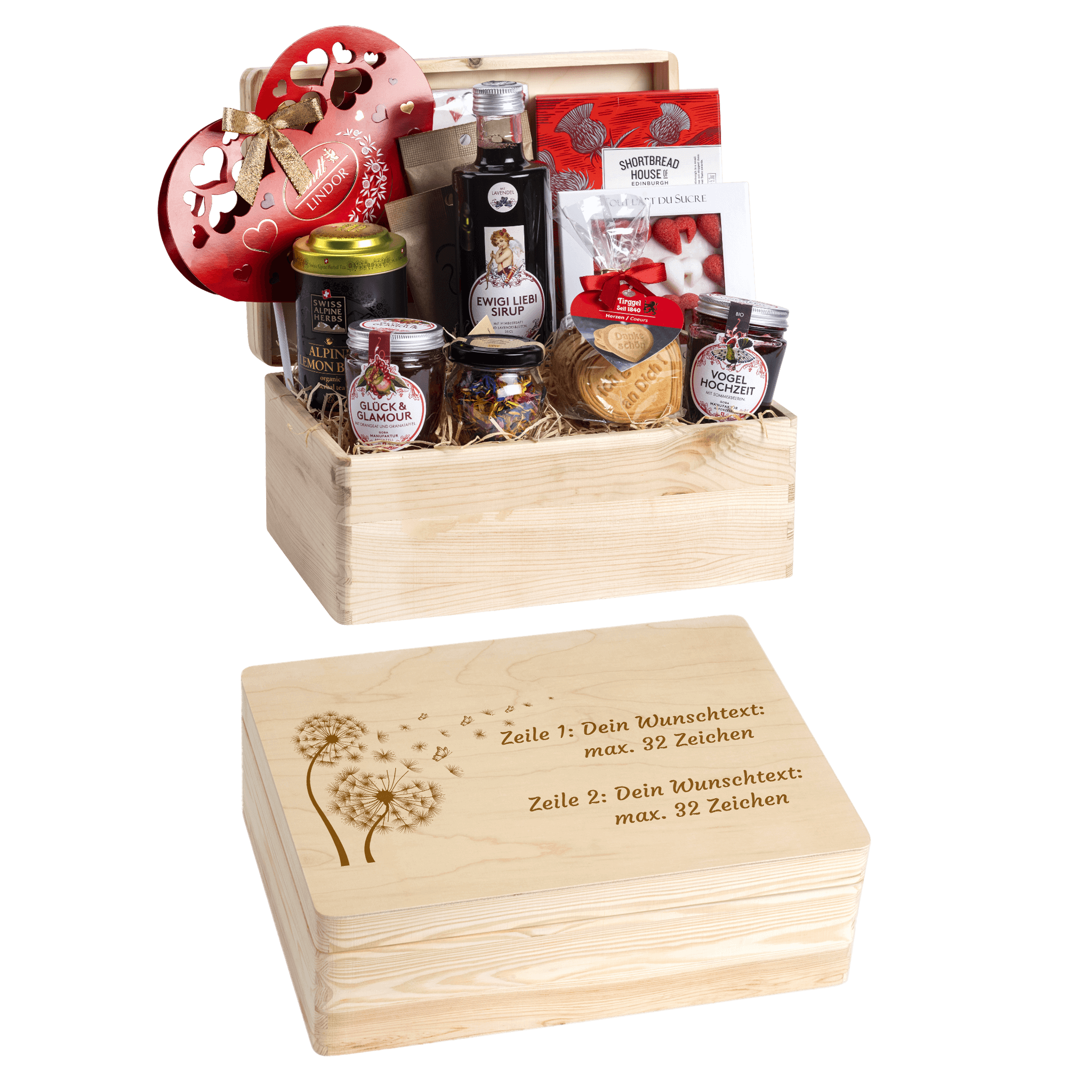 Personalisierte und gravierte Geschenkbox aus Holz. Versehen mit Wunschtext und Wunschbild. Motiv Pusteblume.