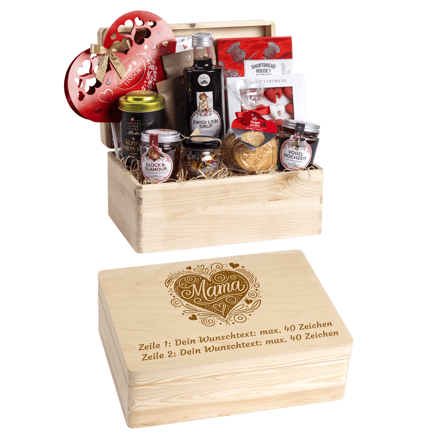 Personalisierte und gravierte Geschenkbox aus Holz. Versehen mit Wunschtext und Wunschbild. Motiv Mama